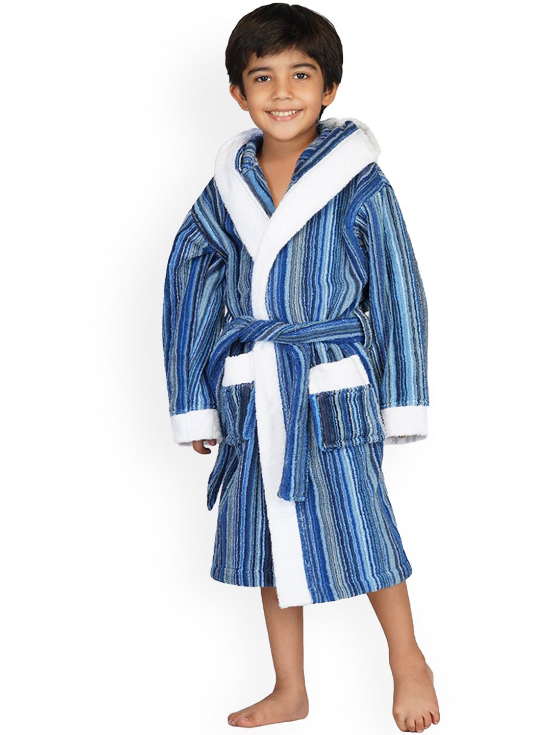RANGOLI Unisex Kids Blue Striped 400 GSM Pure Cotton Bath Robe-picture-25
