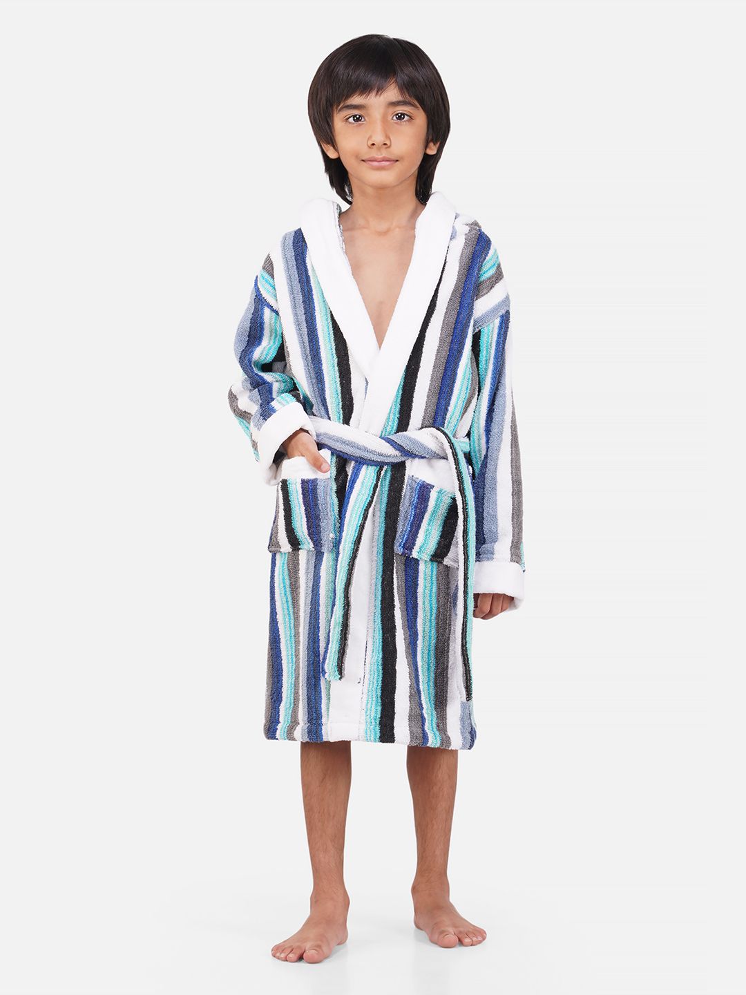 RANGOLI  Kids Grey & White Striped Cotton 400 GSM Bath Robe-image-6