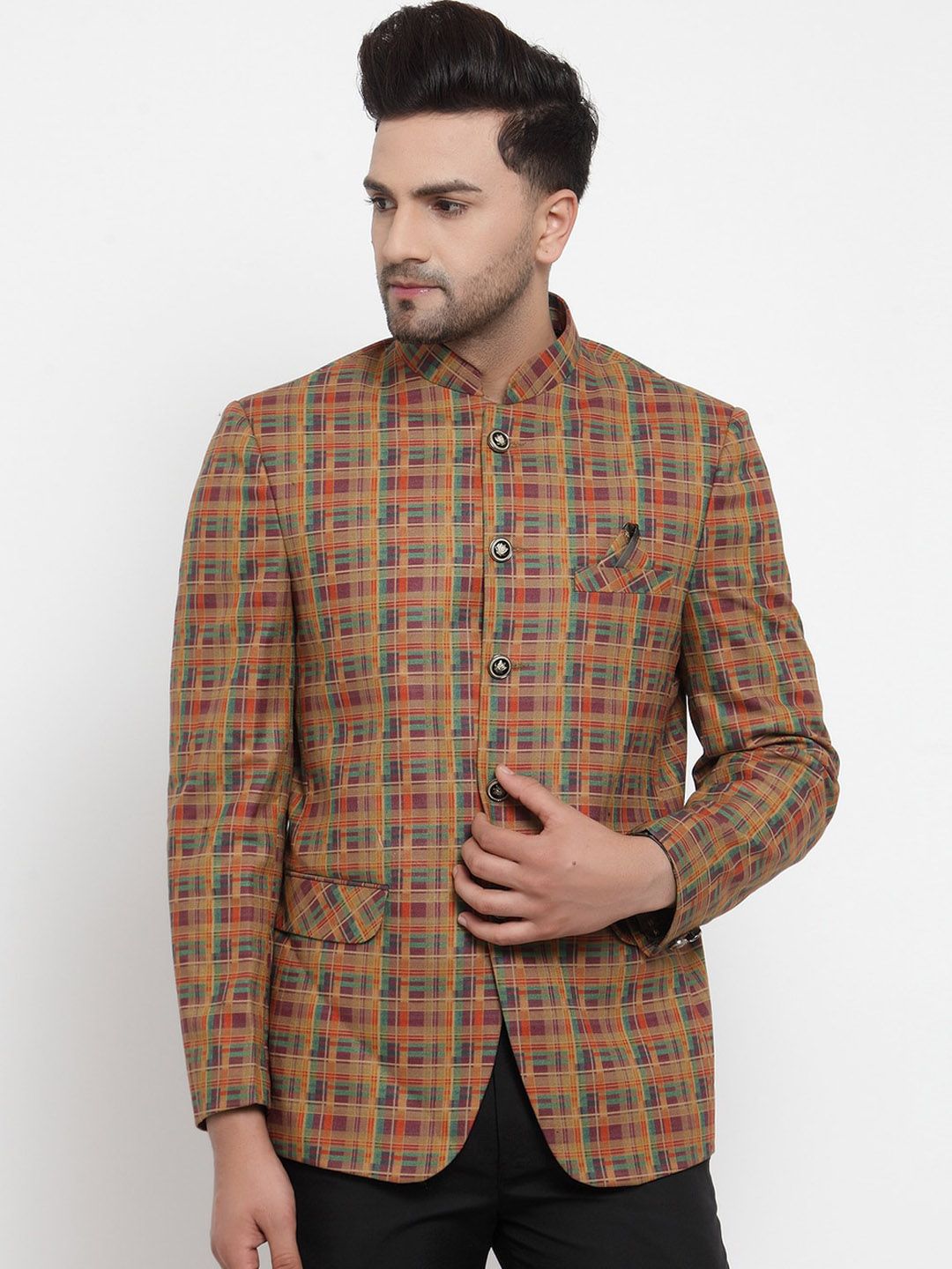KLOTTHE Men Brown & Green Checked Single-Breasted Slim-Fit Blazers-picture-18