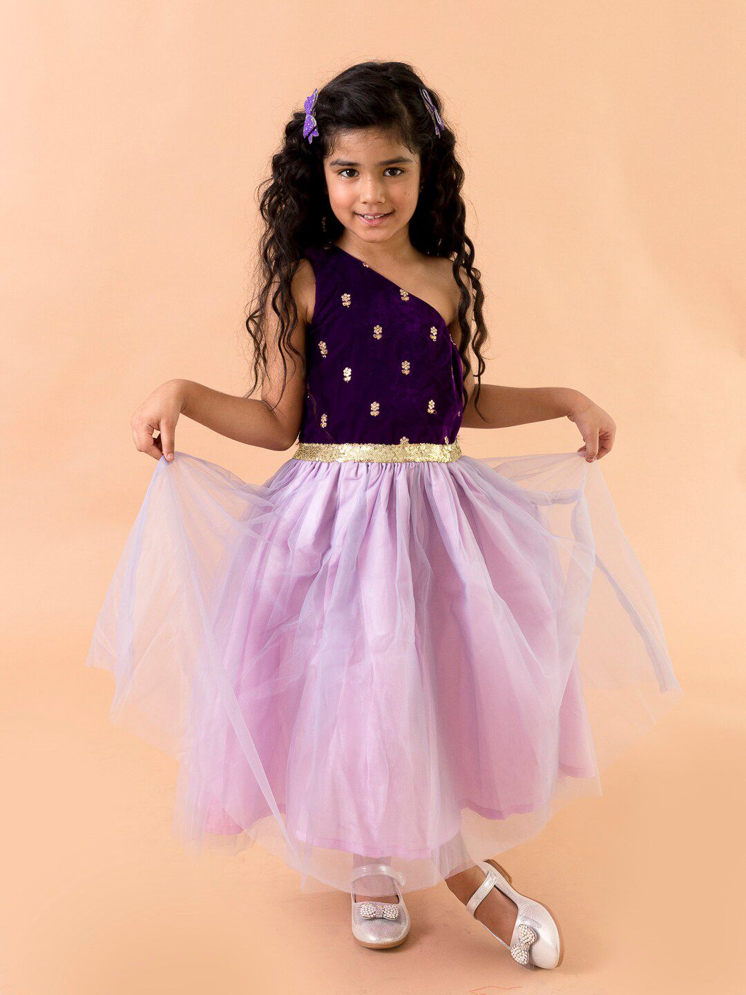 Fairies Forever Purple & Maroon One Shoulder Velvet Ethnic Cotton Dress-image-3