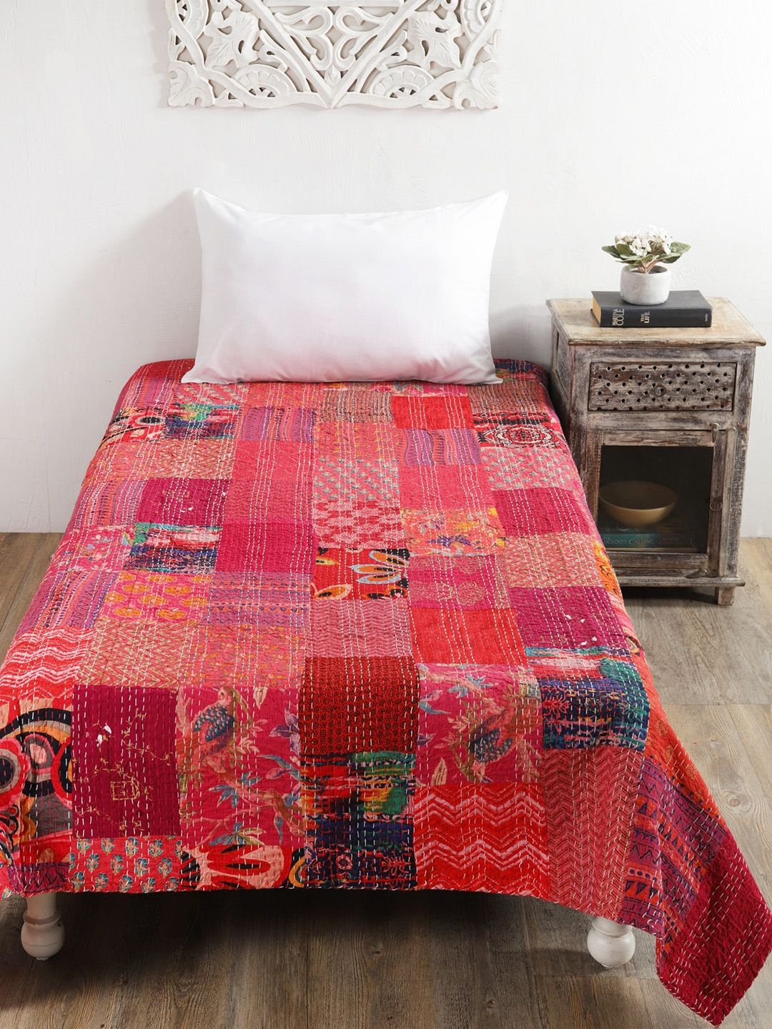 HANDICRAFT PALACE Red Kantha Embroidered Cotton Single Bed Cover-picture-27