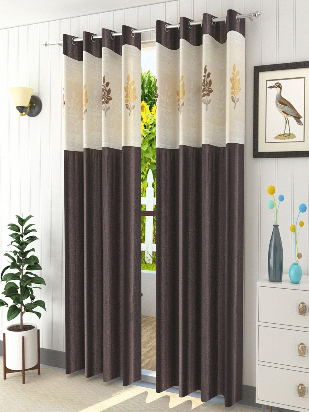 Homefab India Coffee Brown & White Set of 2 Floral Door Curtain-picture-18