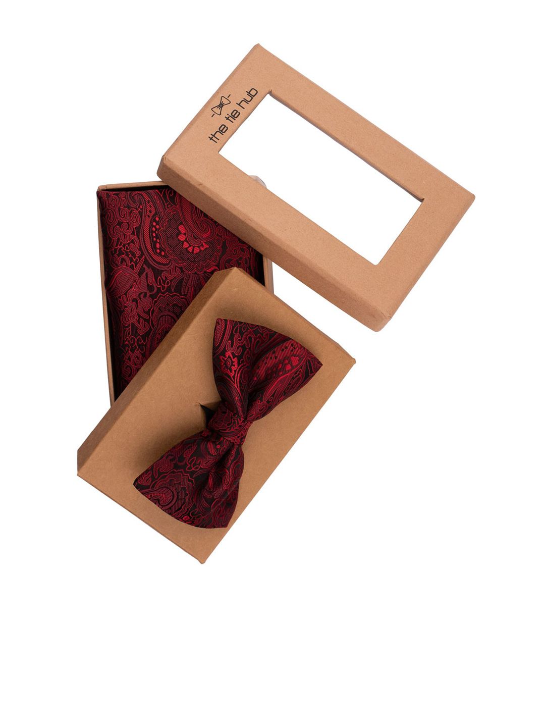 The Tie Hub Men Maroon Printed Bow Tie and Pocket Square Gift Set-picture-44