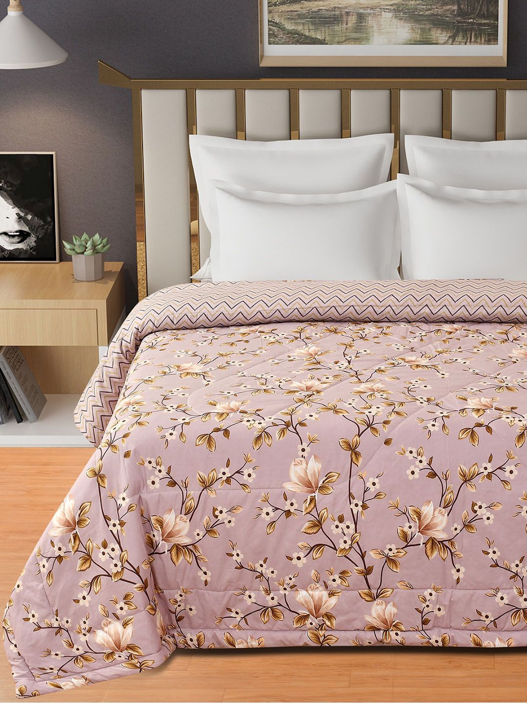 Florida Mauve & White Floral Microfiber AC Room 150 GSM Double Bed Comforter