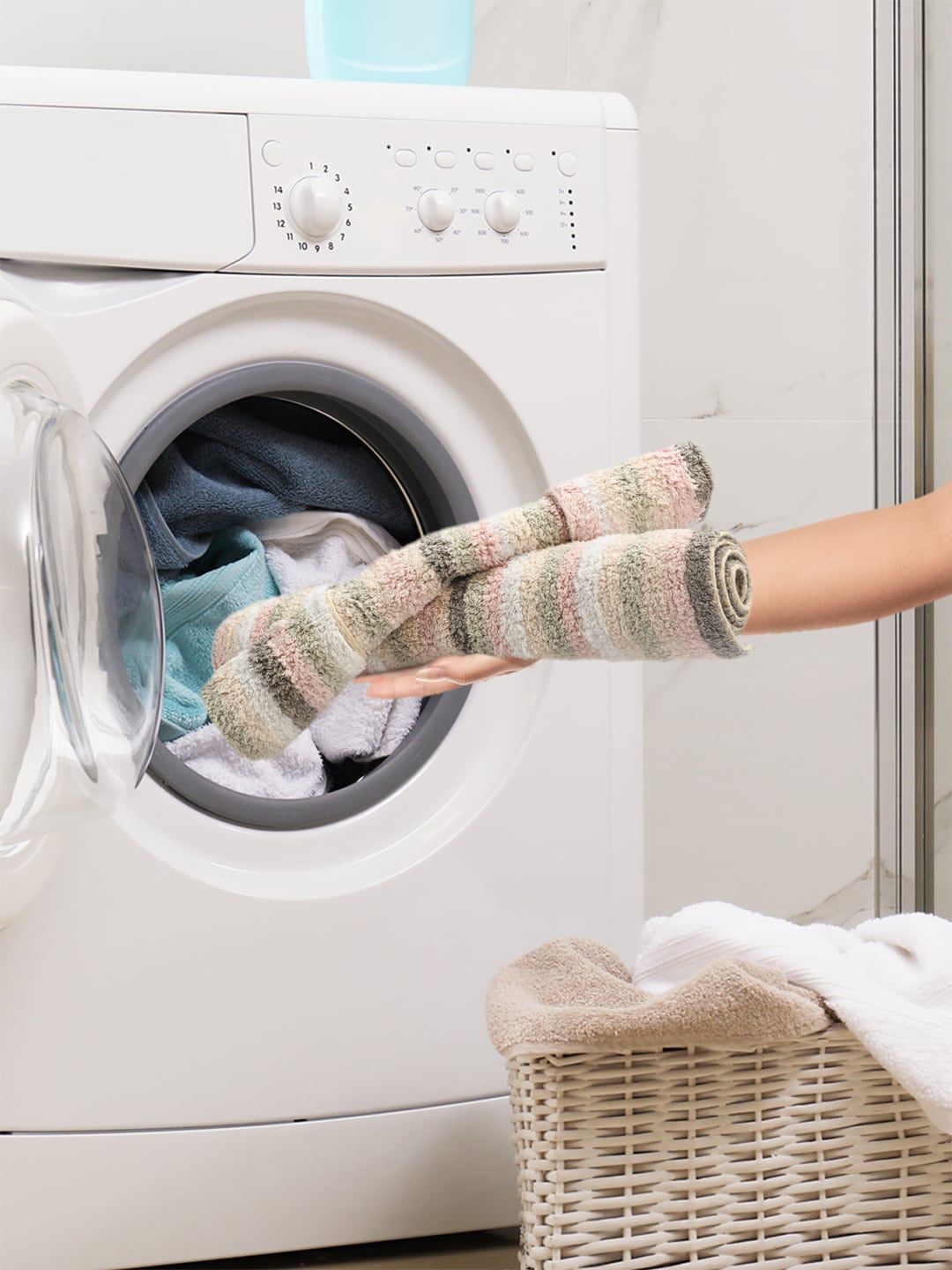 SASHAA WORLD Peach-Colored & Grey Striped Cotton 2000 GSM Bath Rugs-picture-38