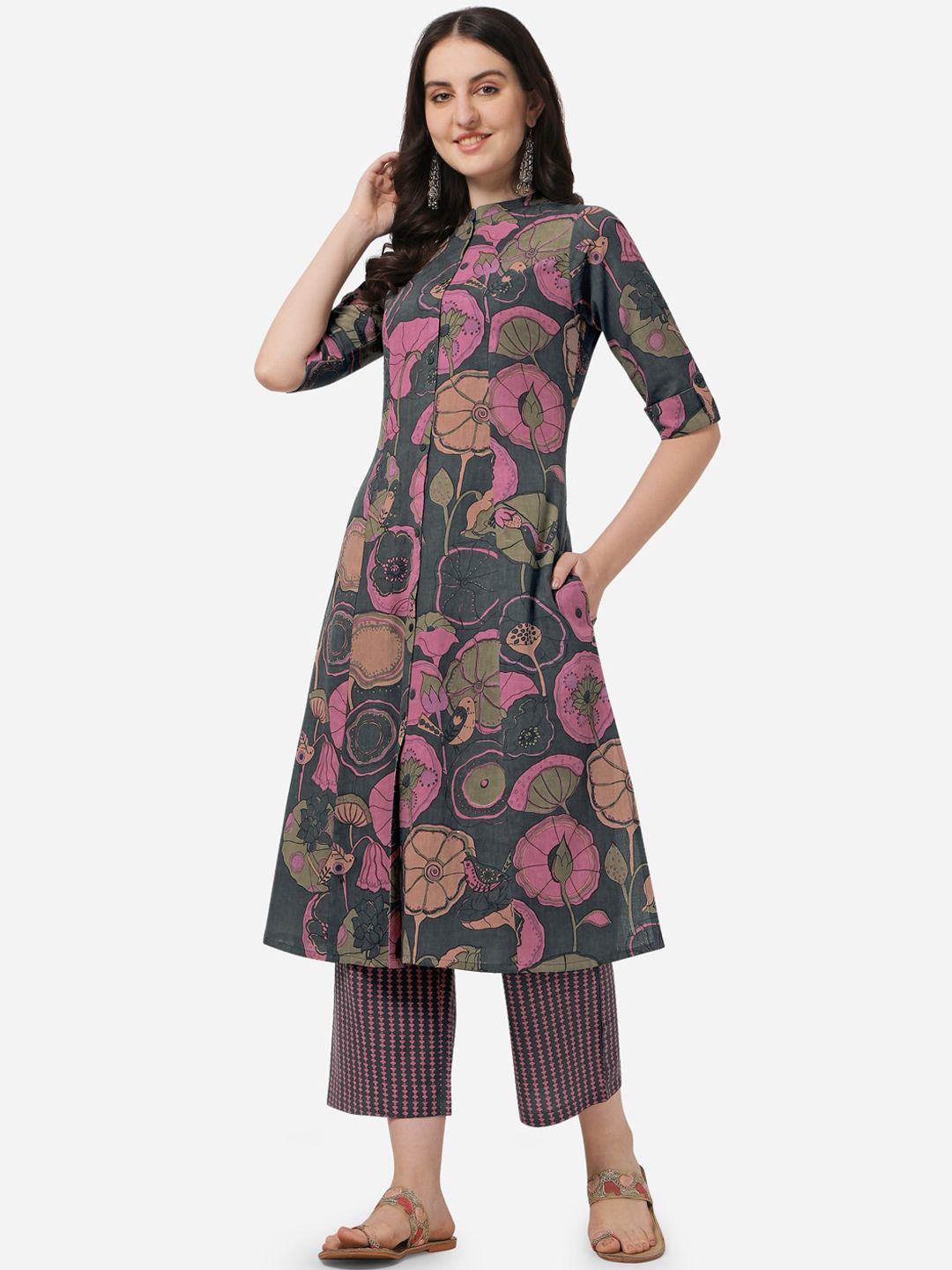 kalini MIRCHI FASHION Women Grey Floral Printed Panelled Kurta with Trousers-picture-32