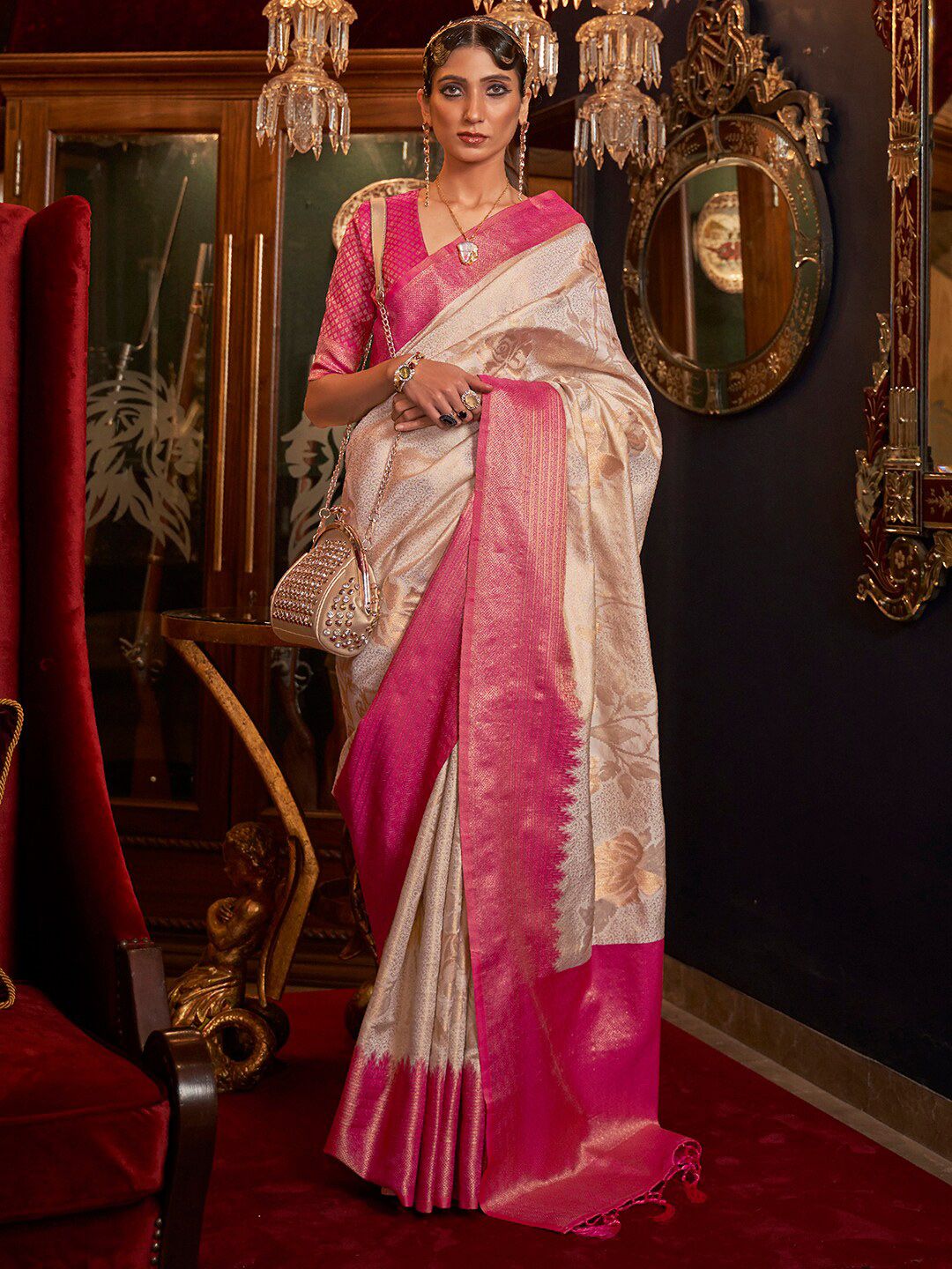 Mitera Cream-Coloured & Gold-Toned Floral Embroidered Silk Blend Banarasi Saree
