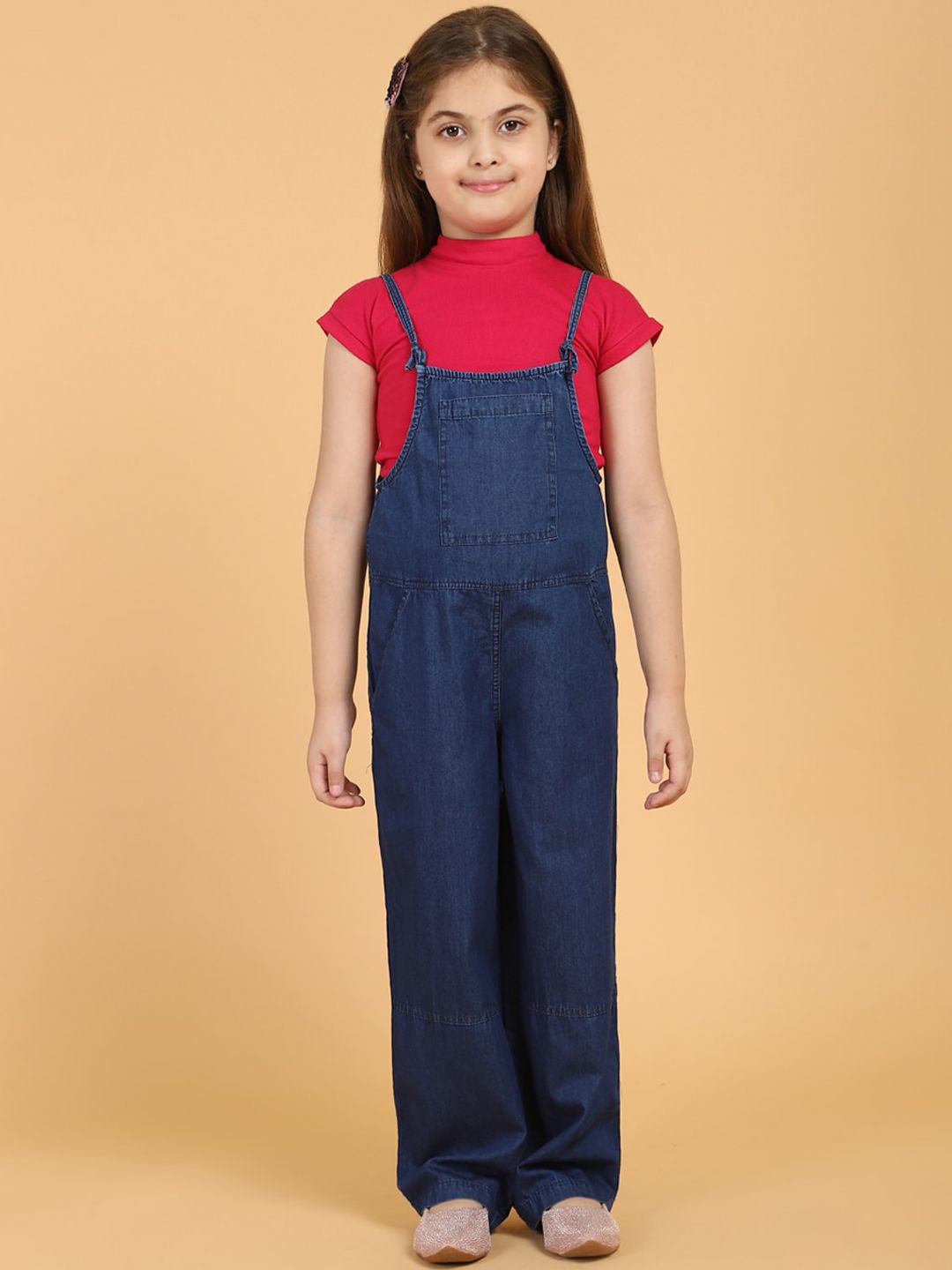 PICCOLO Girls Pink & Blue Solid Dungaree With Top-picture-51