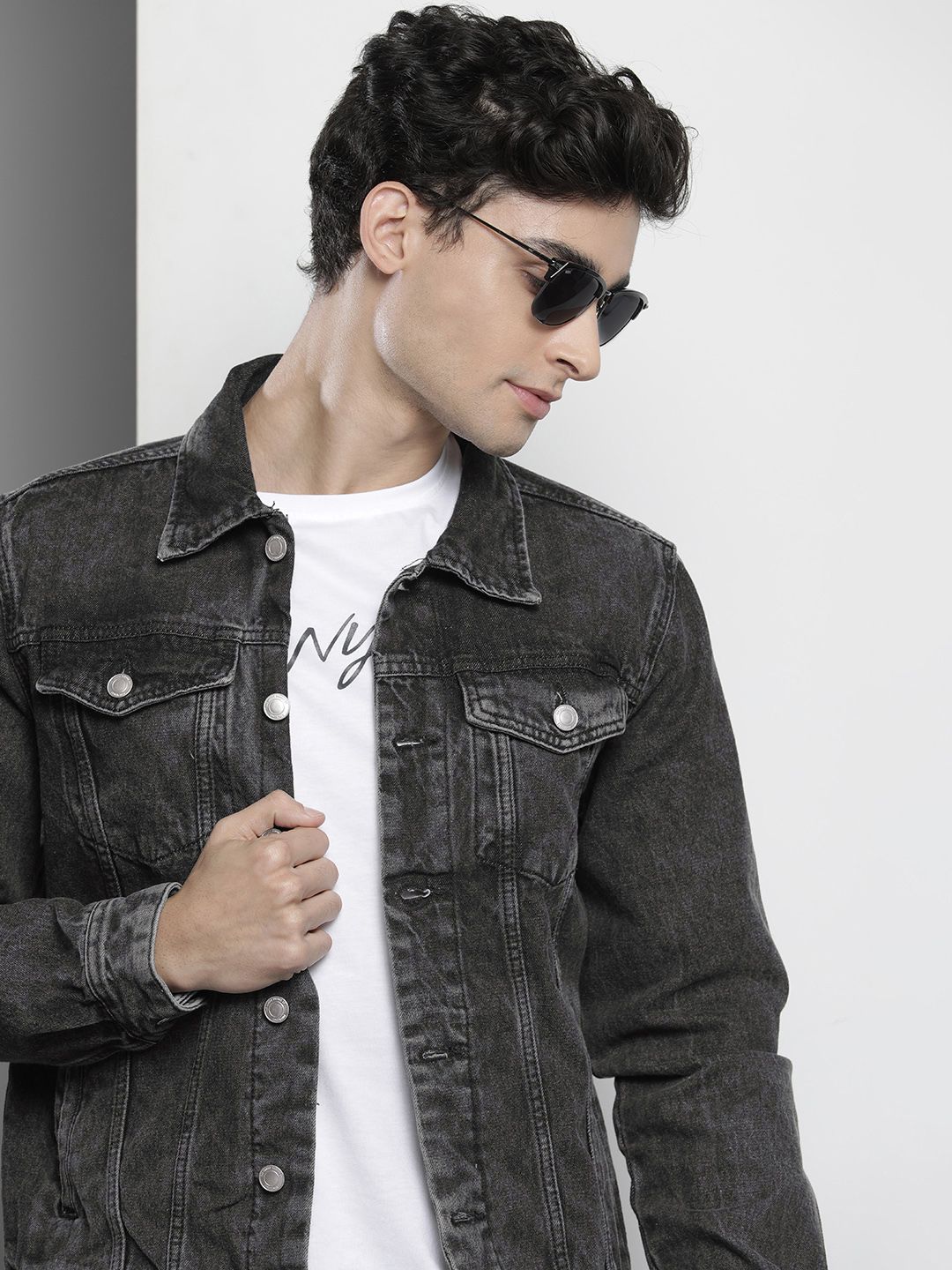 The Indian Garage Co Men Charcoal Grey Cotton Washed Denim Jacket-picture-58