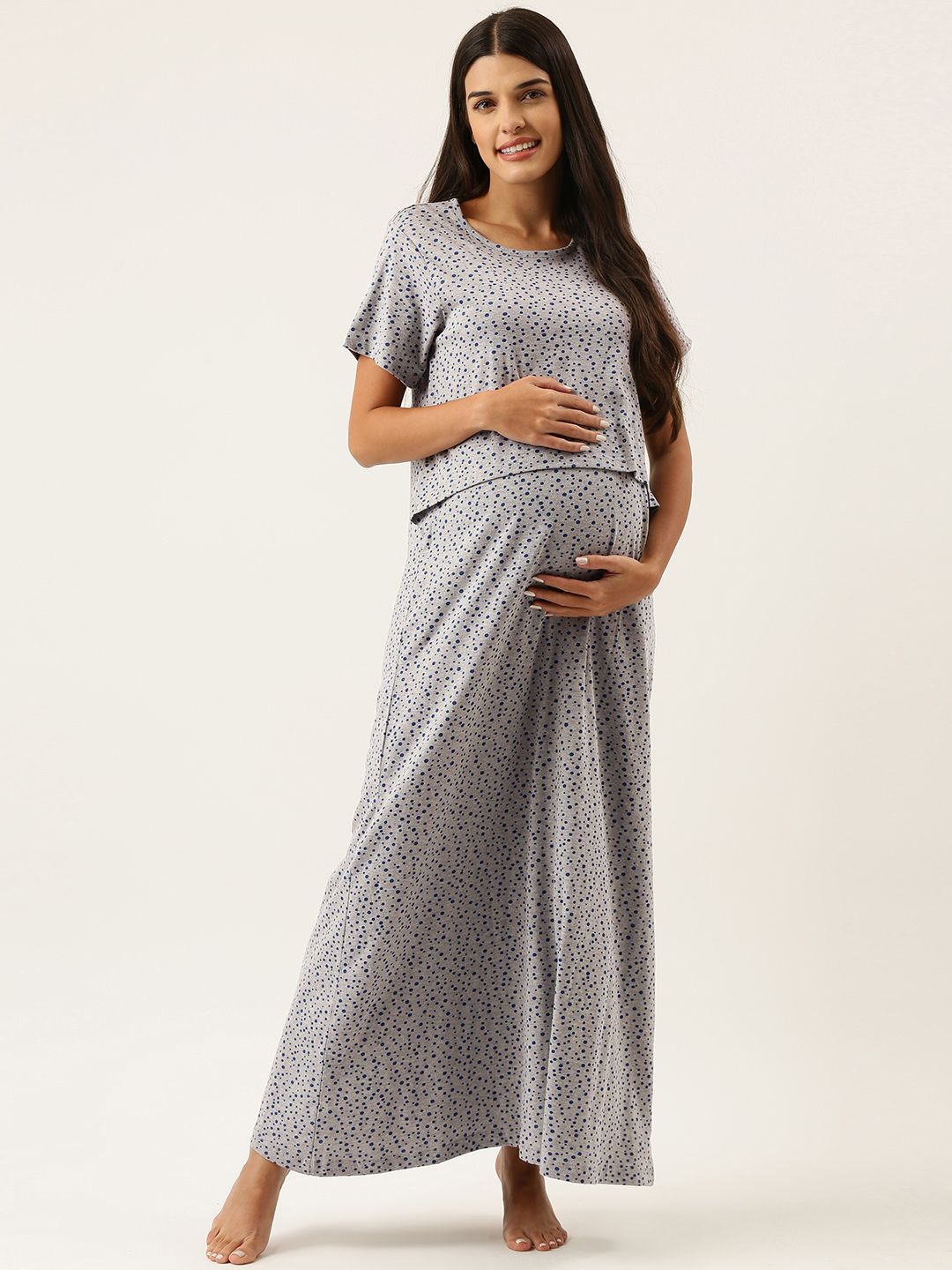 Nejo Grey Melange Geometric Printed Maxi pure Cotton Maternity Nightdress-image-8