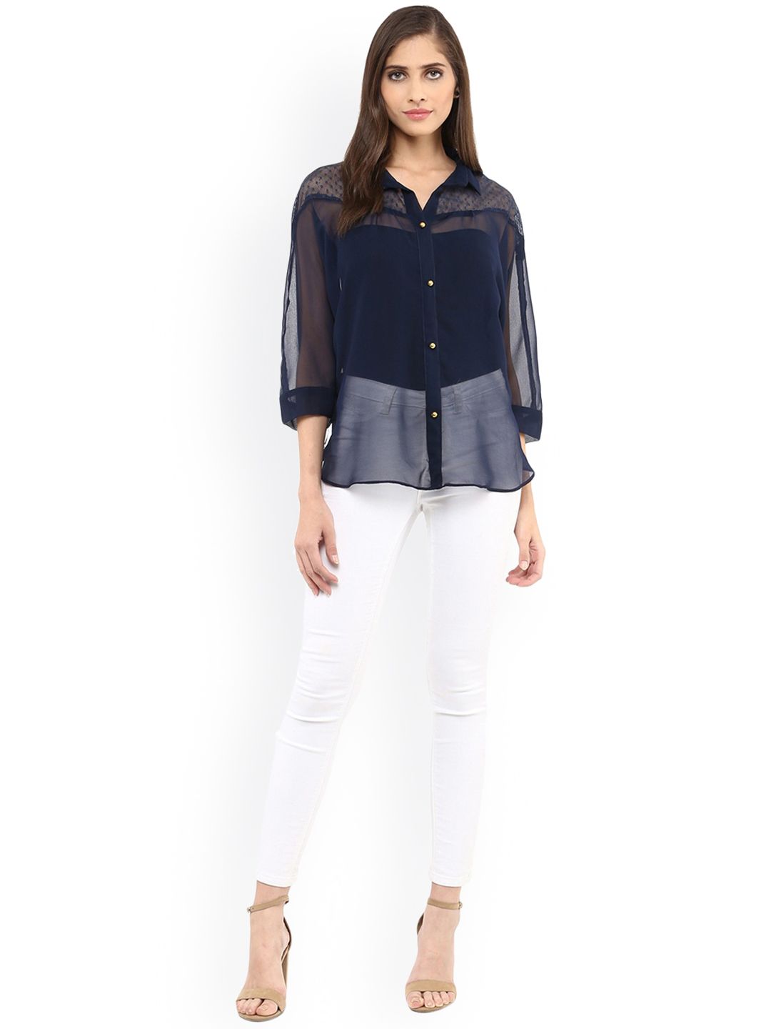 Buy Zima Leto Women Navy Solid Sheer Shirt-Style Top - Tops for