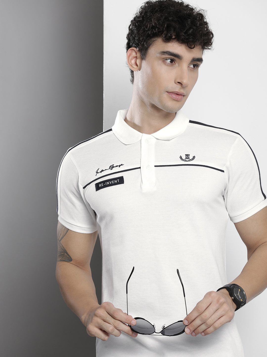 The Indian Garage Co Men White & Black Brand Logo Printed Polo Collar Slim Fit T-shirt