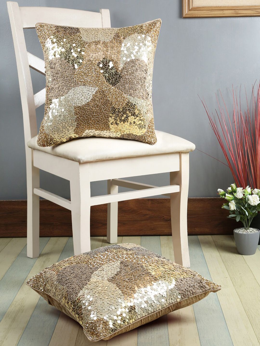 eyda Gold-Toned & White Set of 2 Ethnic Motifs Square Cushion Covers-image-49