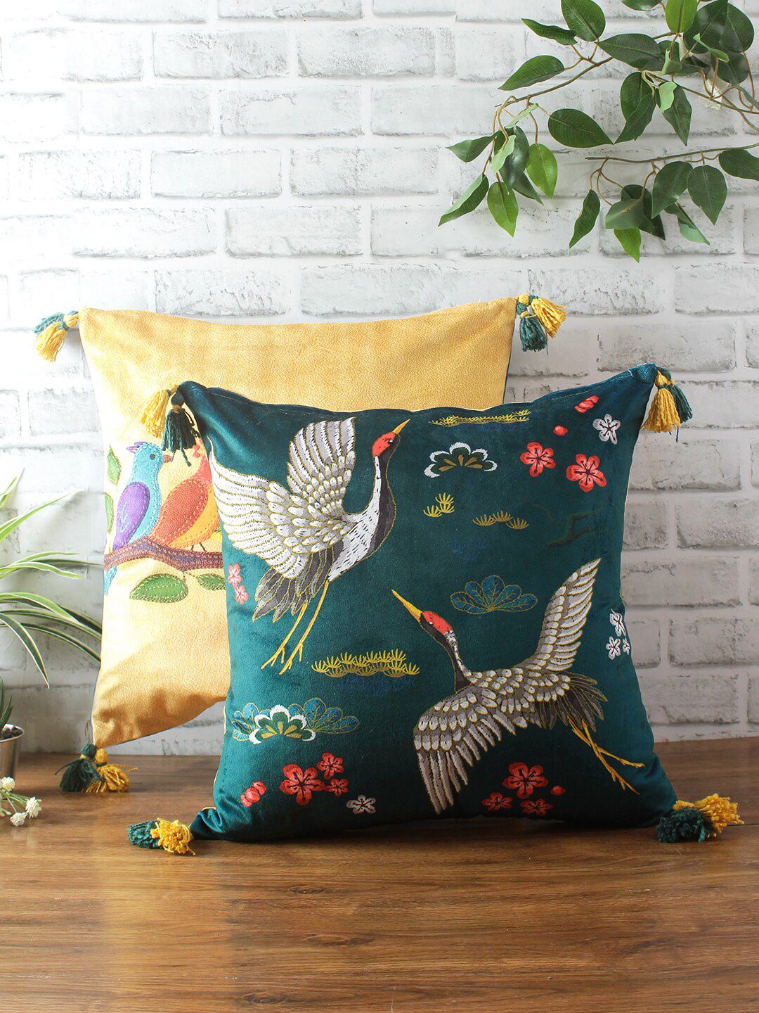 eyda Yellow & Green Set of 2 Floral Velvet Square Cushion Covers-picture-15