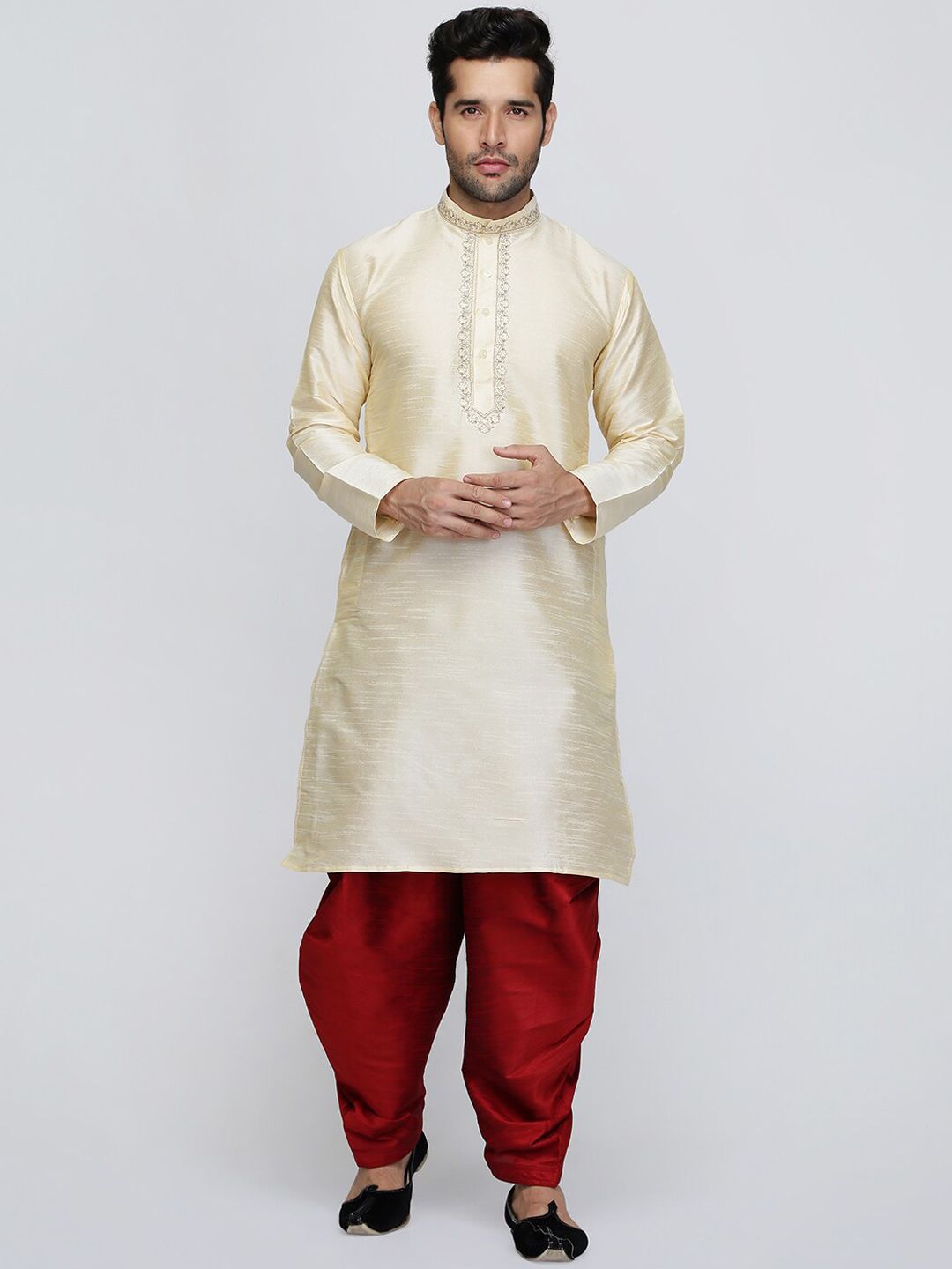 ROYAL KURTA Men Gold-Toned Yoke Design Thread Work Summer Sheers Kurta-picture-40