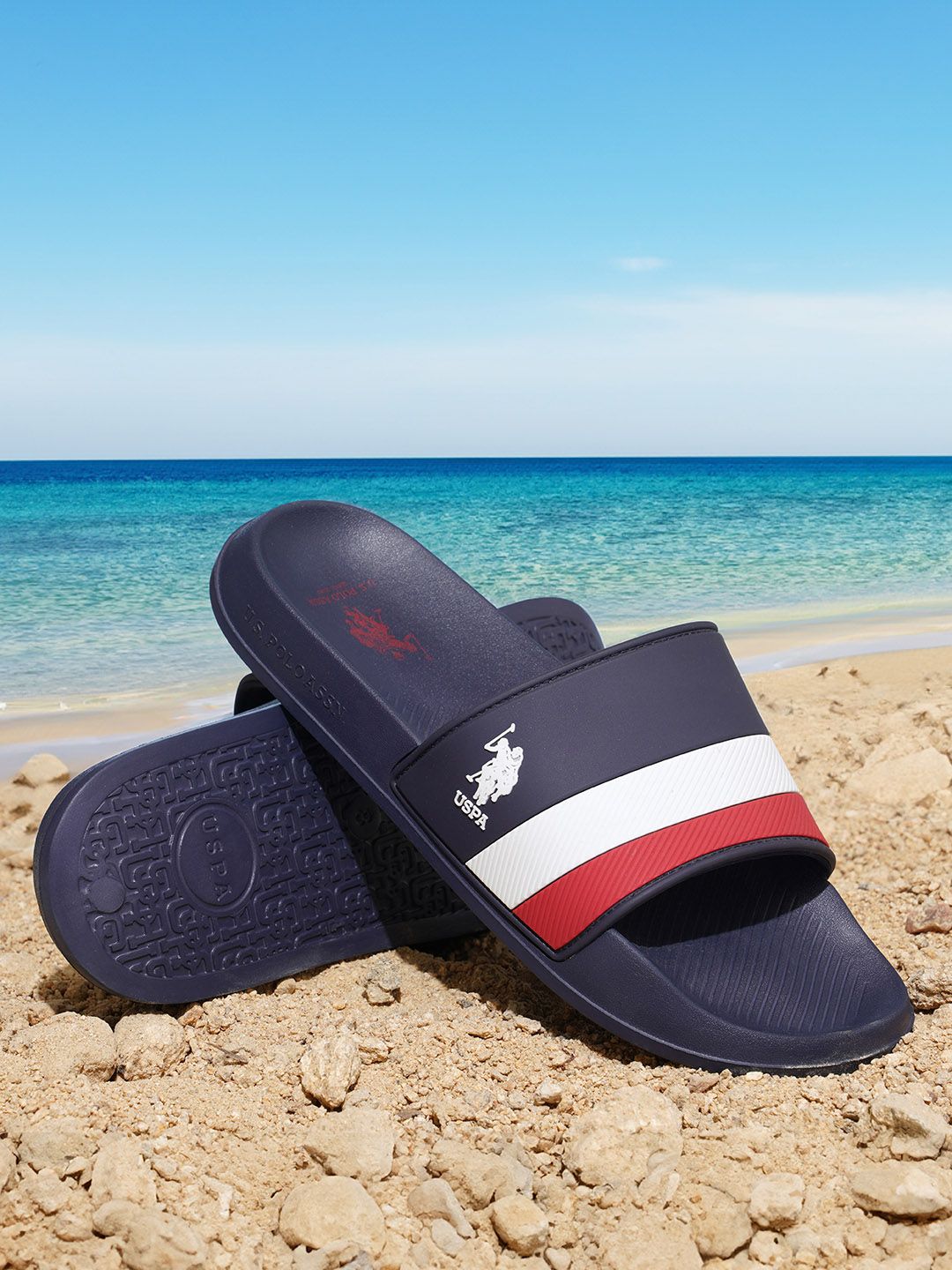U S Polo Assn Men Navy Blue & White Striped Sliders