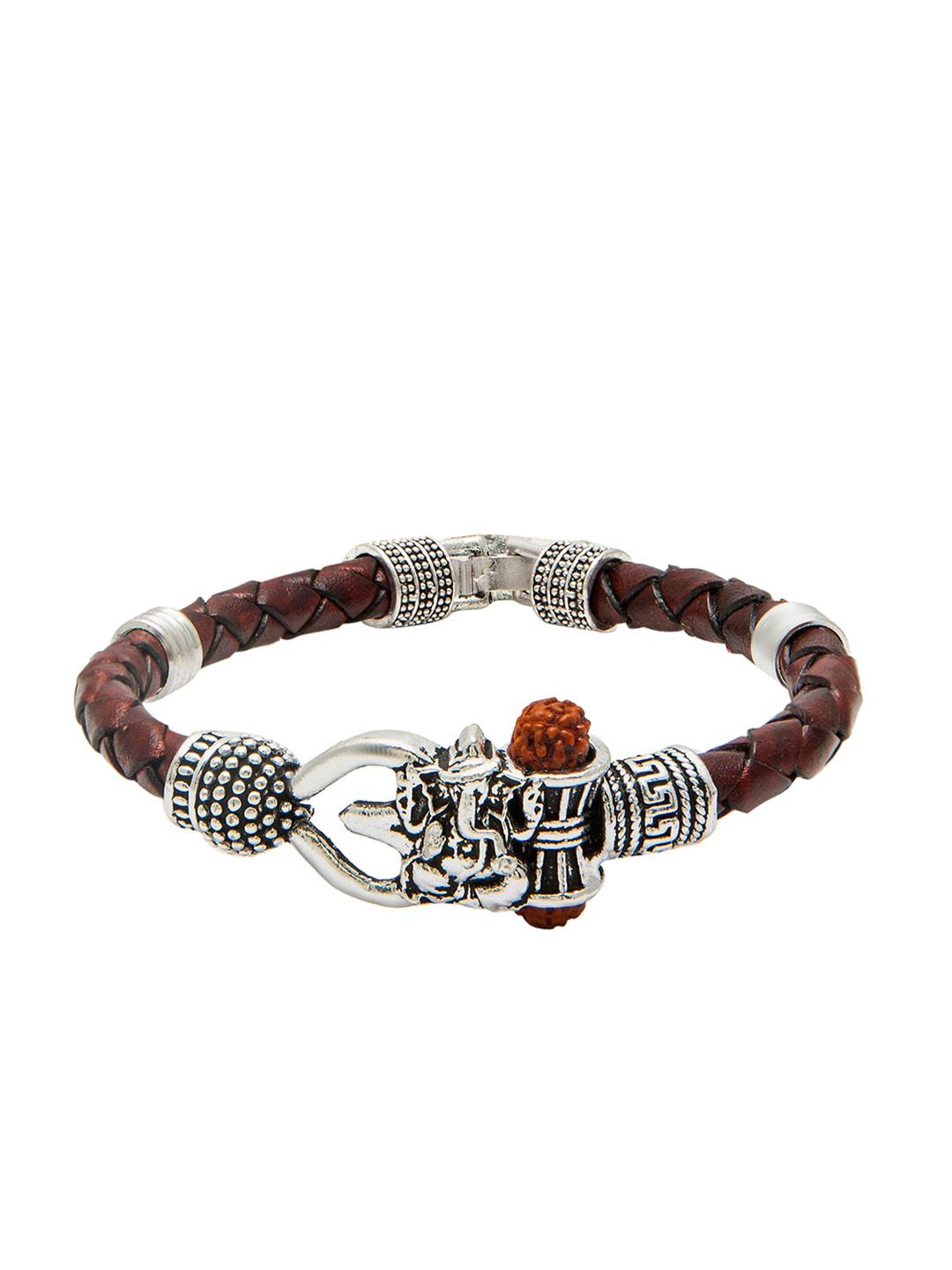 bodha Men Brown & Silver-Toned & Plated Rudraksh Beaded Adjustable Bracelet-image-17