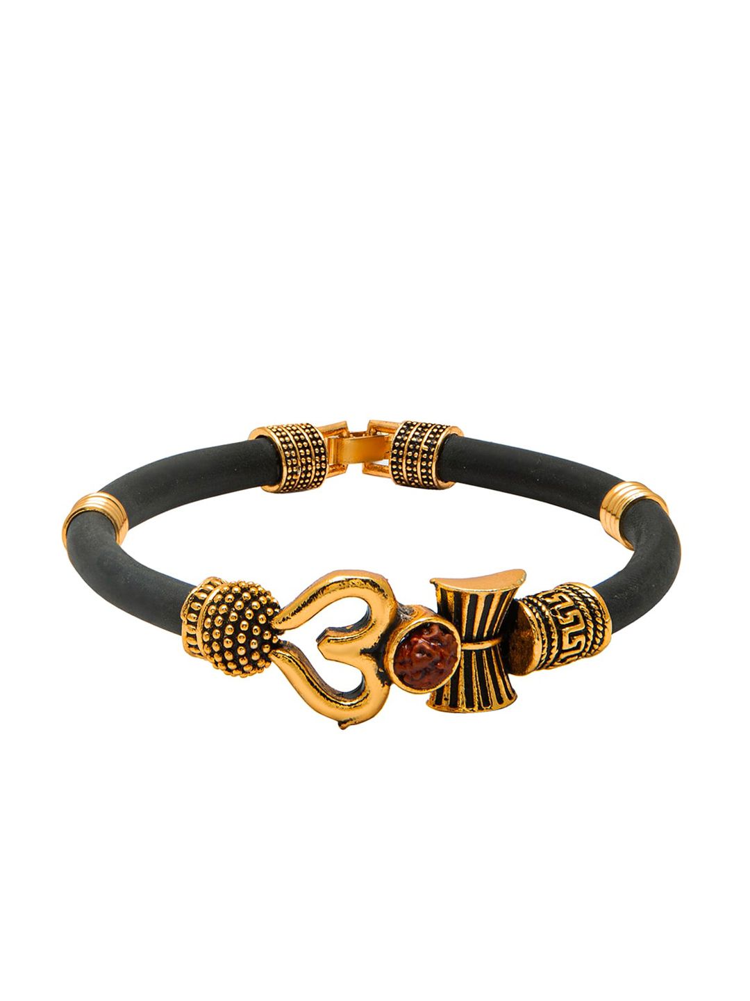 bodha Men Gold-Toned & Black Rudraksha Damru Trishul Wraparound Bracelet-picture-11