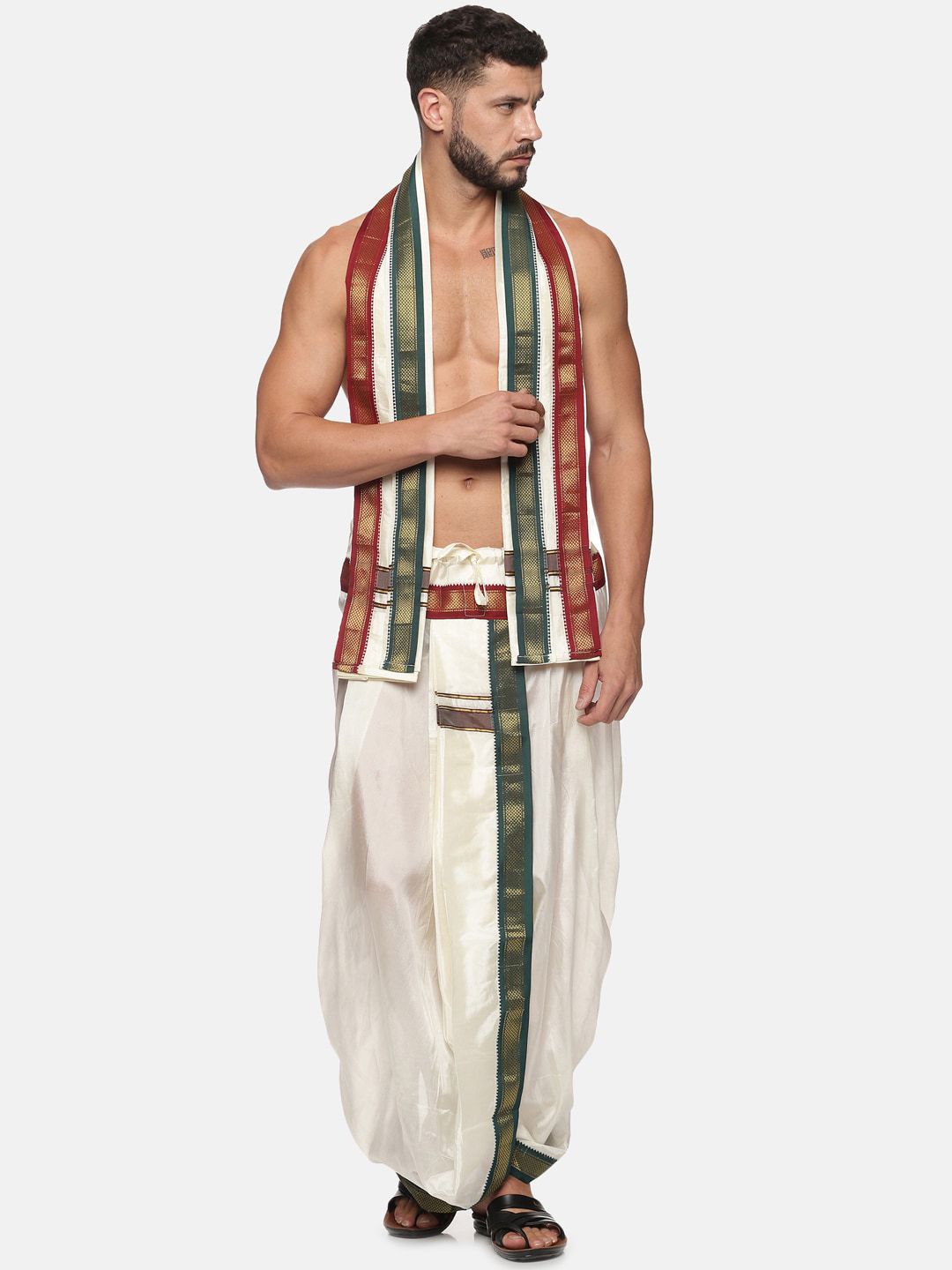 Sethukrishna Men Cream Coloured Solid Dhoti Pant With Angavastram-picture-15