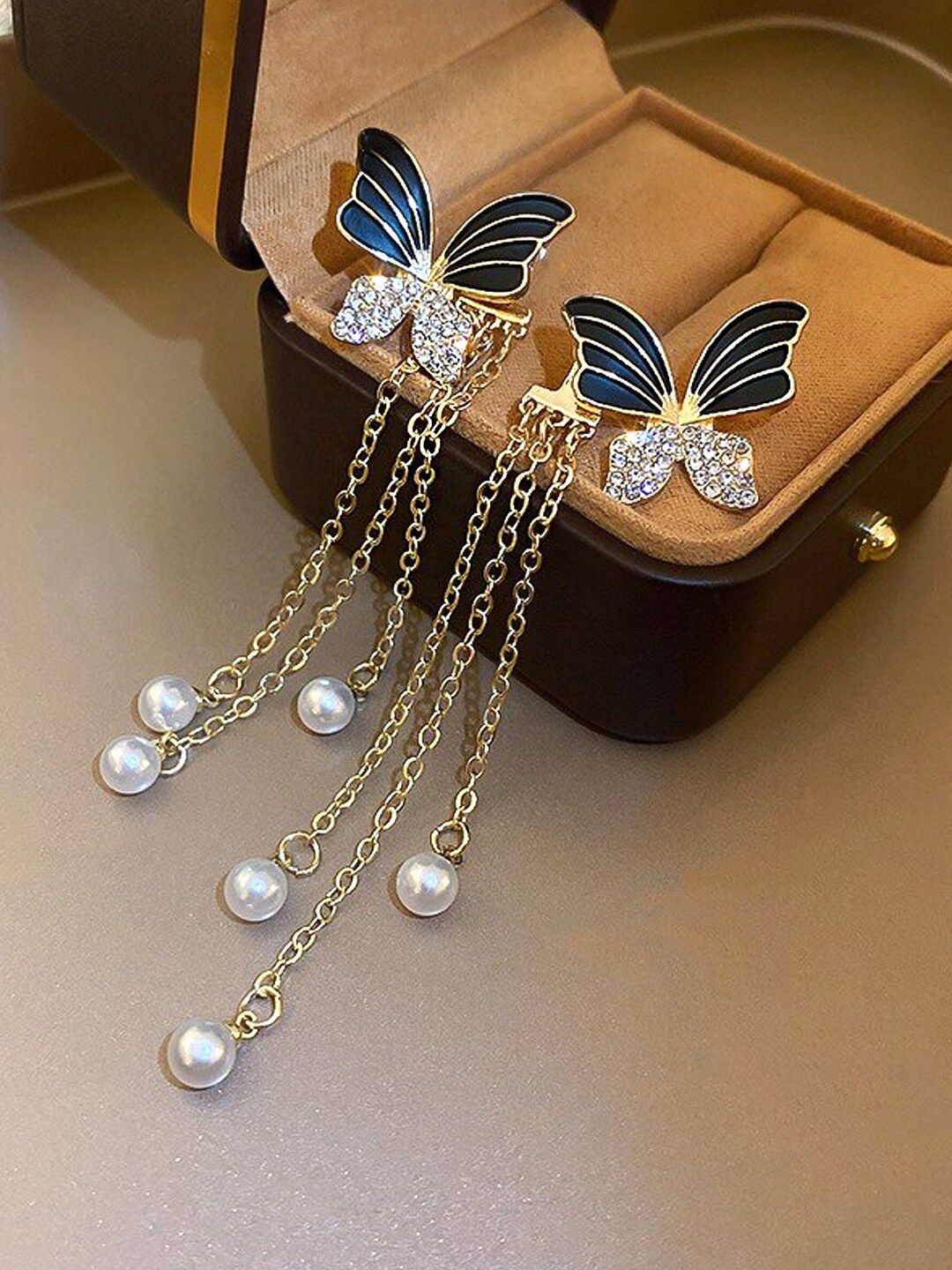 Unwind by Yellow Chimes White Crystal Studded Drop Butterfly Designed Gold Plated Earring-picture-11