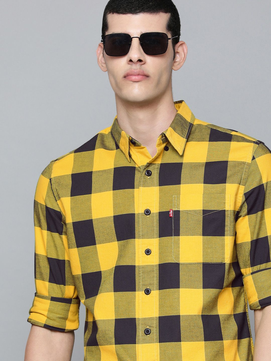 Levis Men Yellow And Navy Blue Slim Fit Buffalo Checked Casual Shirt