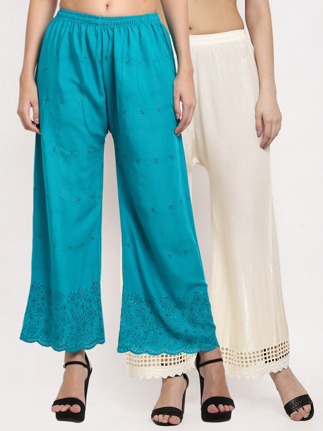 Miaz Lifestyle Women Blue & Off White 2 Flared Knitted Palazzos-picture-30