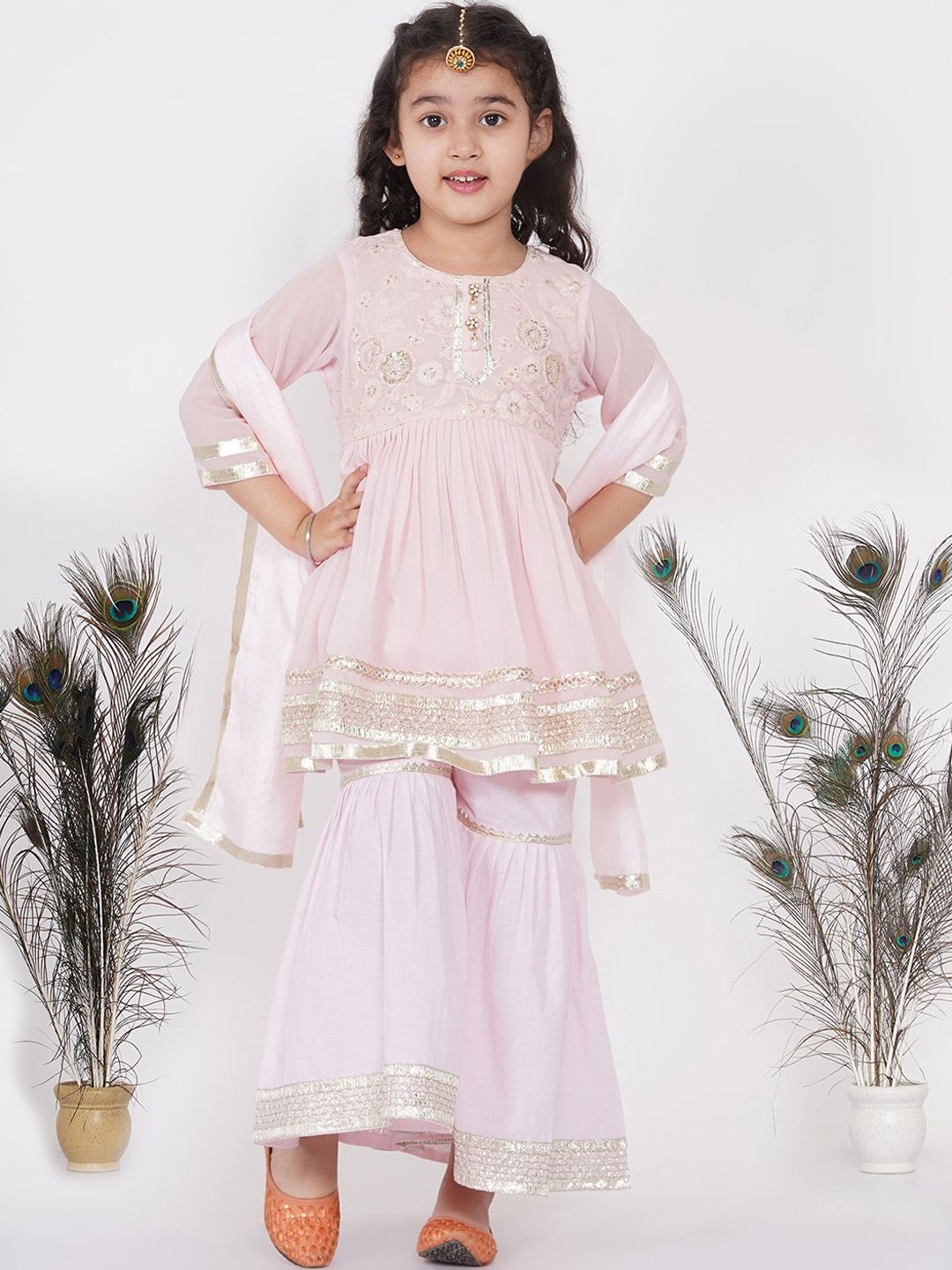 Little Bansi Girls Pink Embroidered Pleated Pure Cotton Kurti with Sharara & Dupatta-picture-30