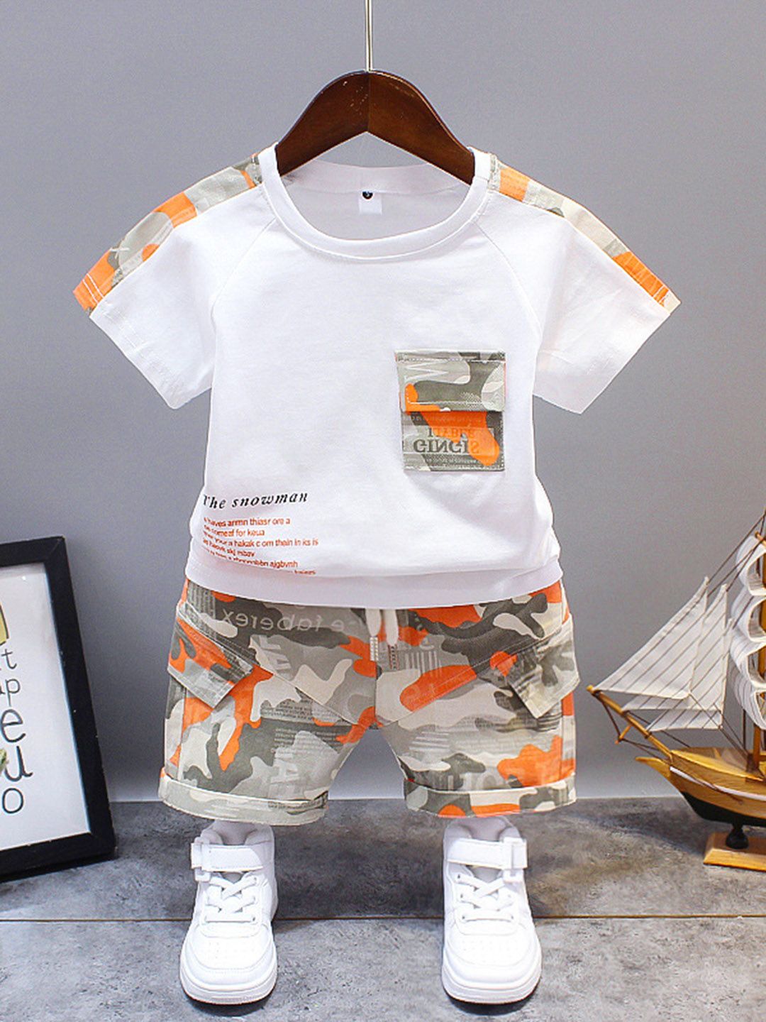 Googo Gaaga Boys Orange & White Printed Pure Cotton T-shirt with Shorts-picture-17