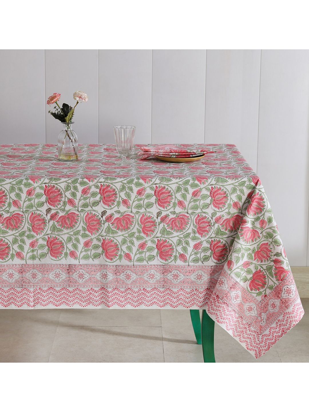 HANDICRAFT PALACE White & Pink Block Printed Pure Cotton Table Cover With 6 Pcs Napkin-picture-48