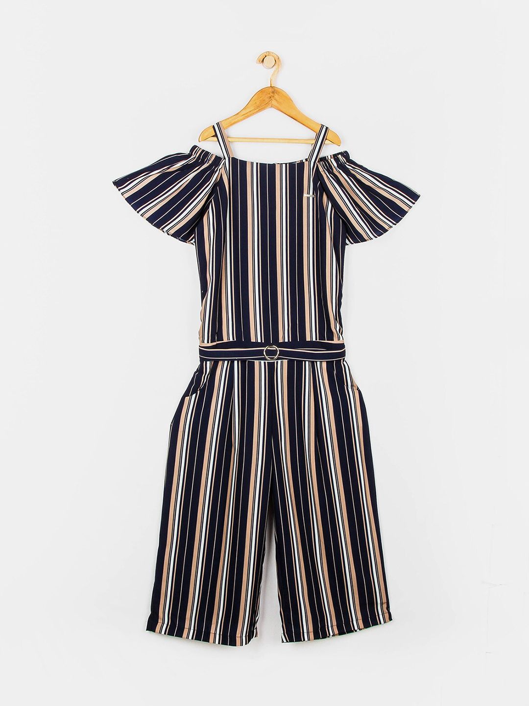 Peppermint Kids-Girls Navy Blue & Beige Off-Shoulder Printed Basic Jumpsuit-picture-32