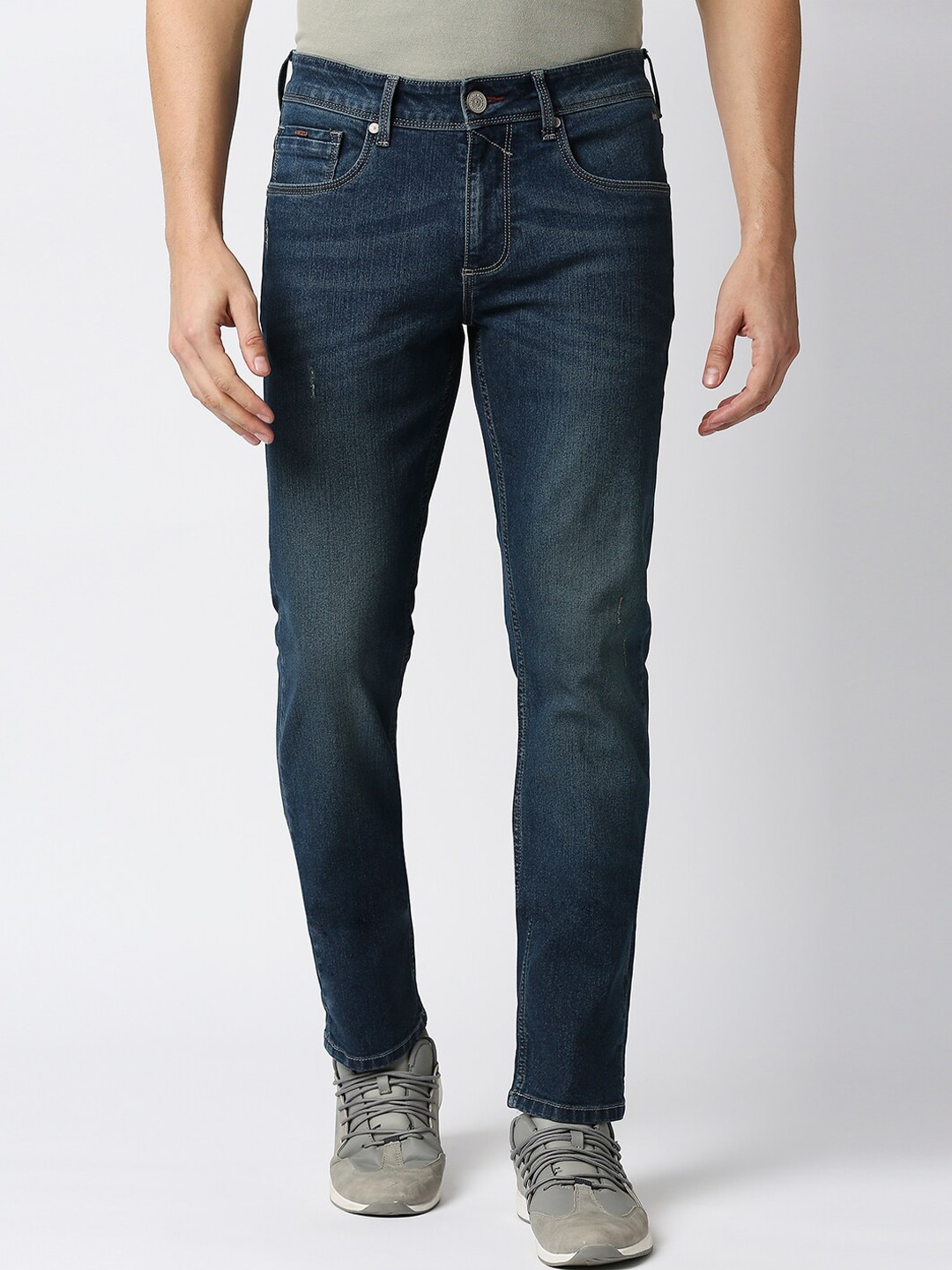 Basics Men Navy Blue Slim Fit Low-Rise Light Fade Stretchable Jeans