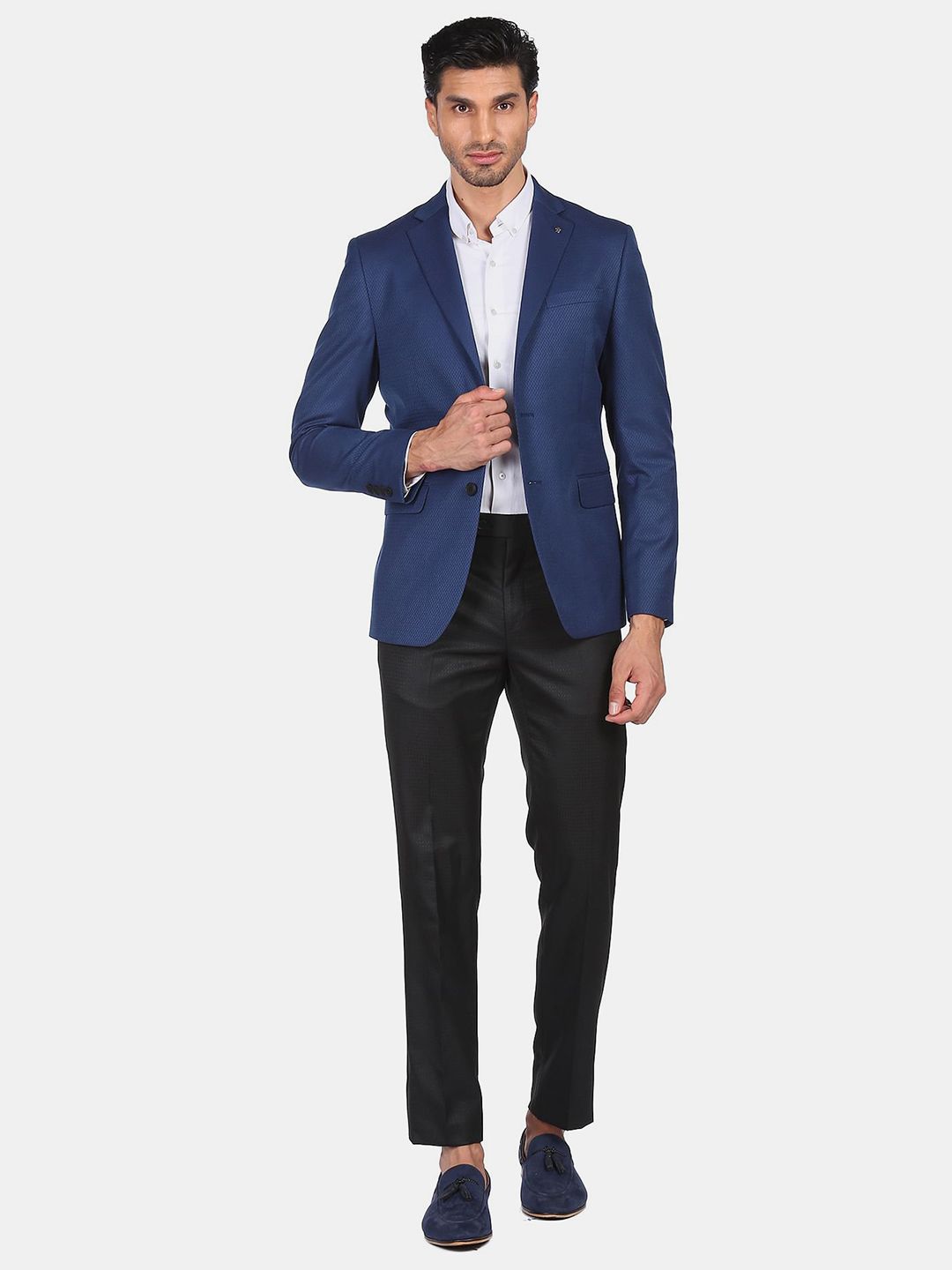 Arrow Men Navy Blue & Black Patterned Single Breasted Two Piece Suit-picture-31