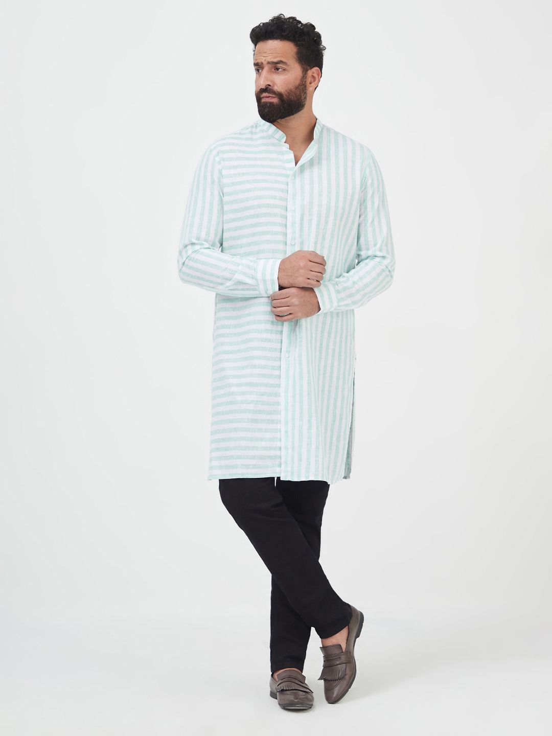 MR BUTTON Men Green & White Striped Kurta-picture-35