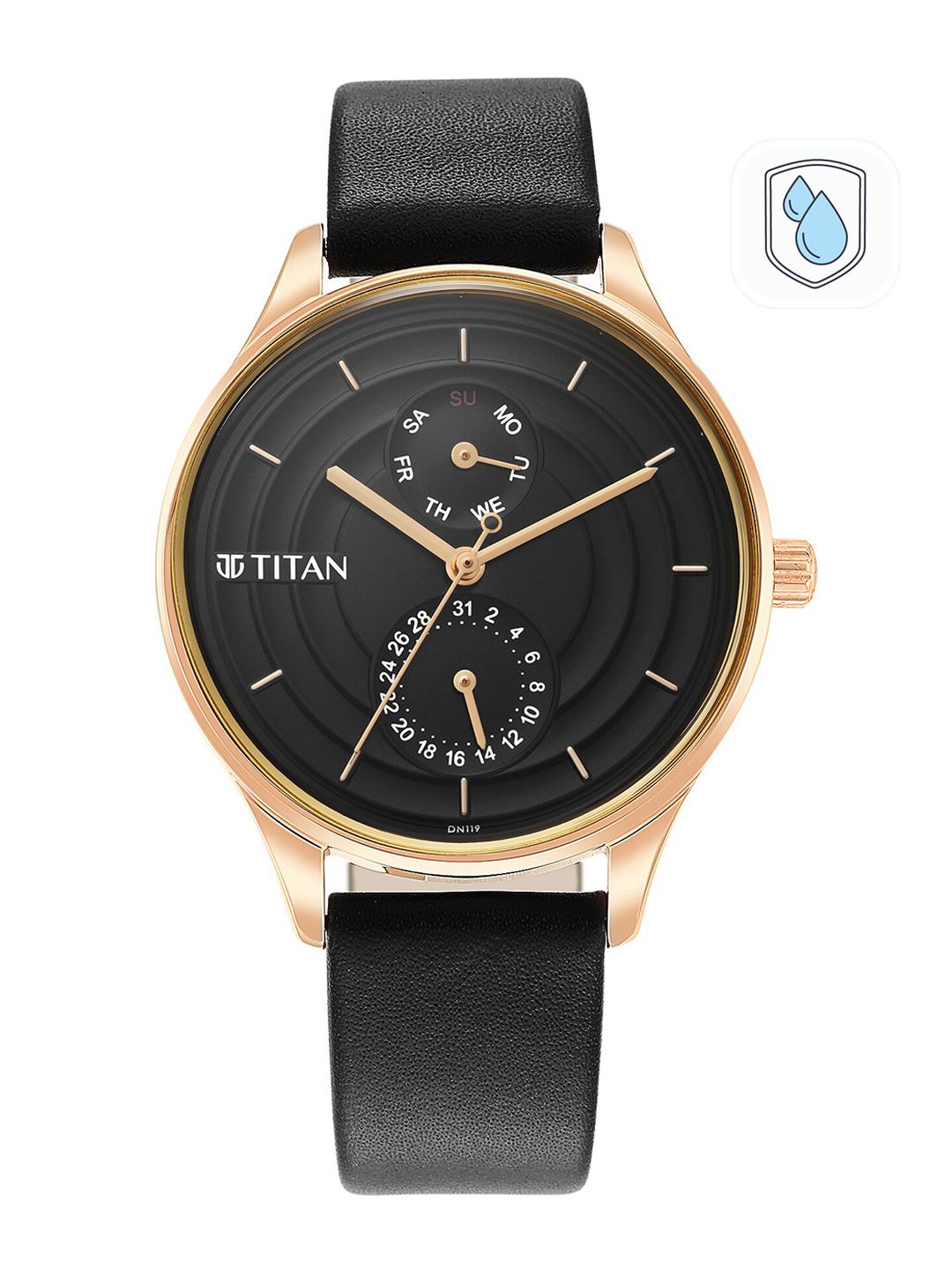 Titan Women Black Brass Dial Gold Toned Analogue Watch With Black Leather Straps