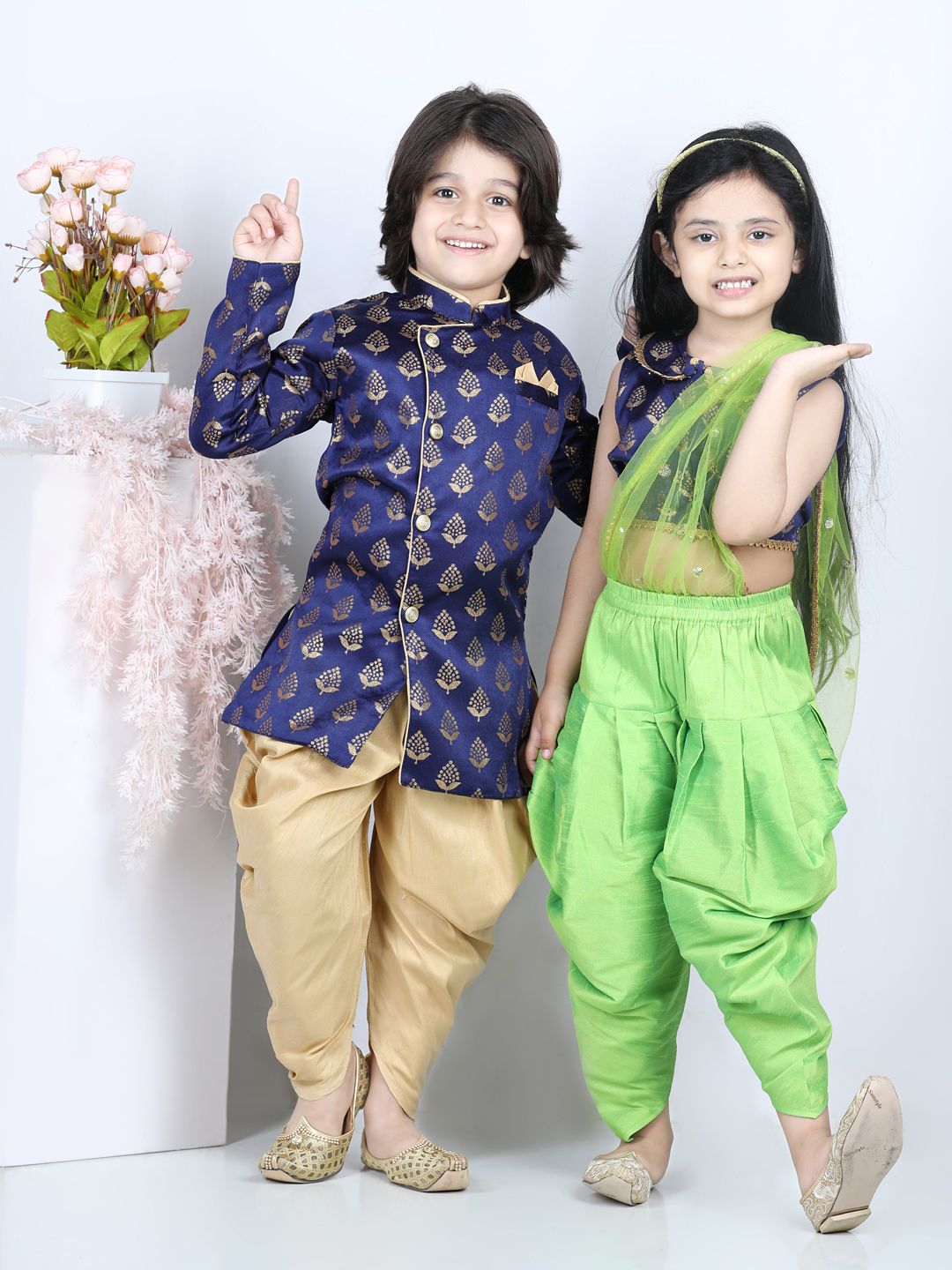 BownBee Girls Blue & Green Embellished Jacquard Top With Dhoti Pants-picture-11