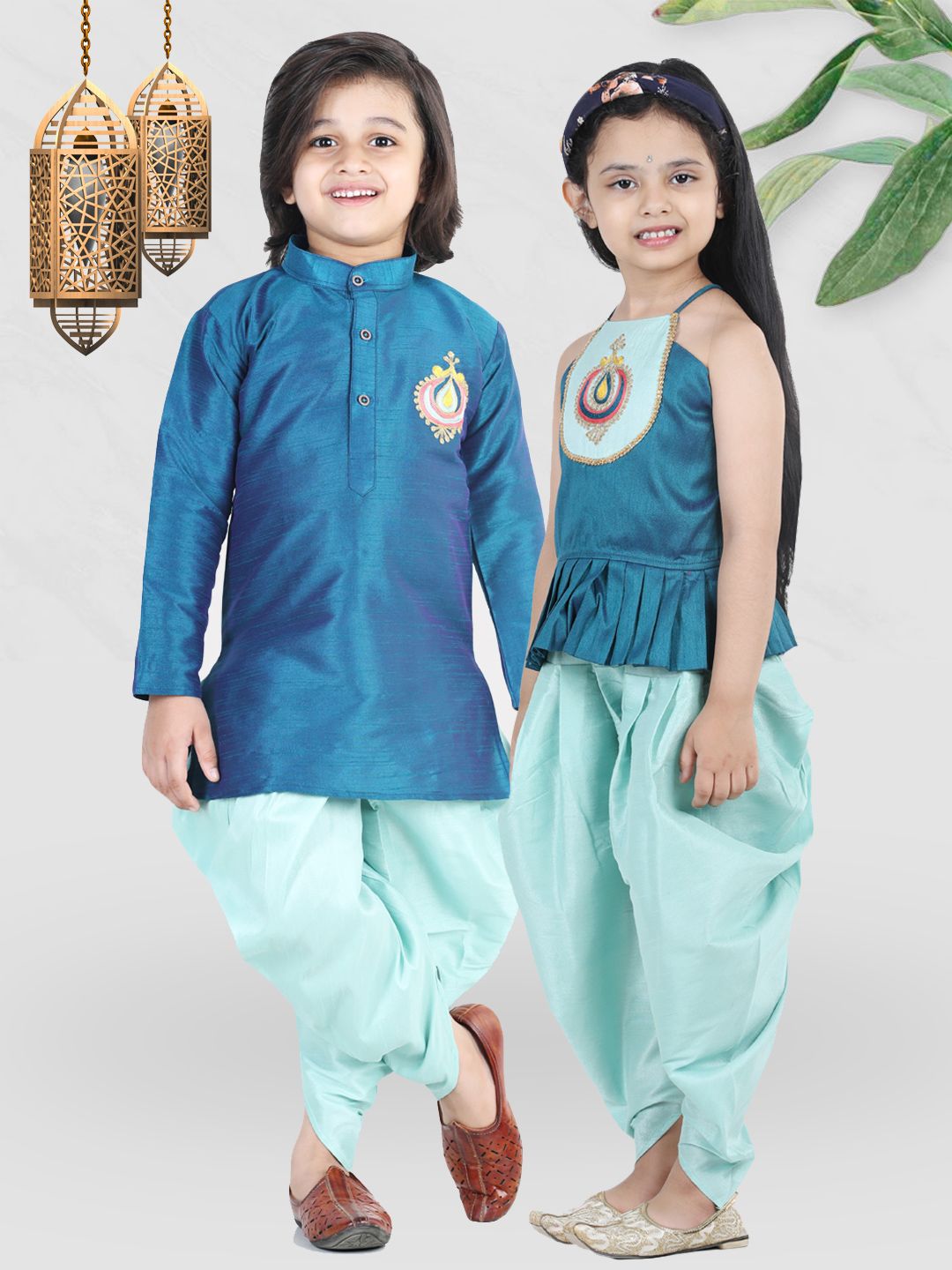 BownBee Girls Teal Blue & Turquoise Blue Embellished Top with Dhoti Pants-picture-10