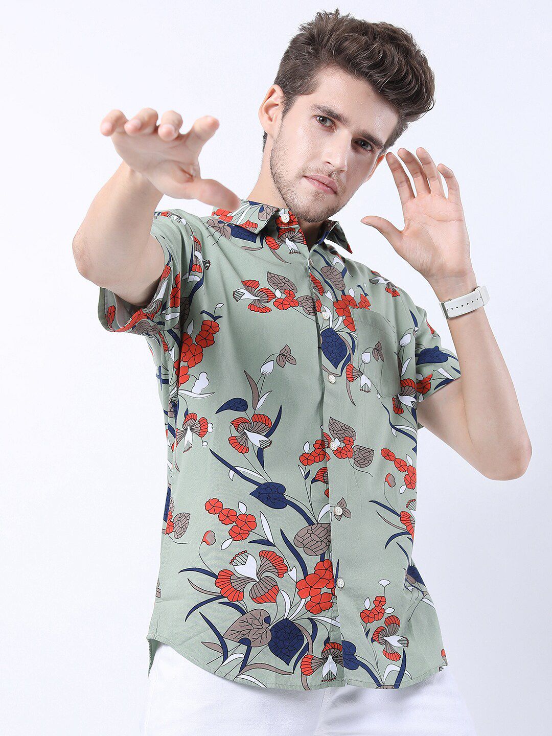 HIGHLANDER Men Green Slim Fit Floral Printed Casual Shirt-picture-29