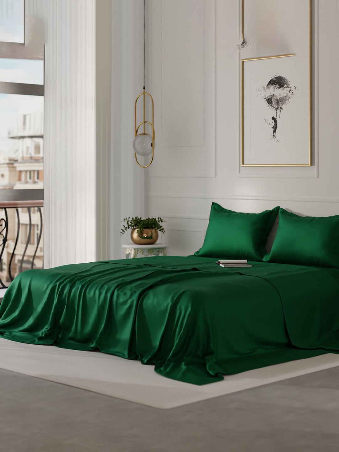 Stoa Paris Date Night Emerald Green 300 TC Satin Queen Bedsheet + 2 Pillow Covers-picture-12