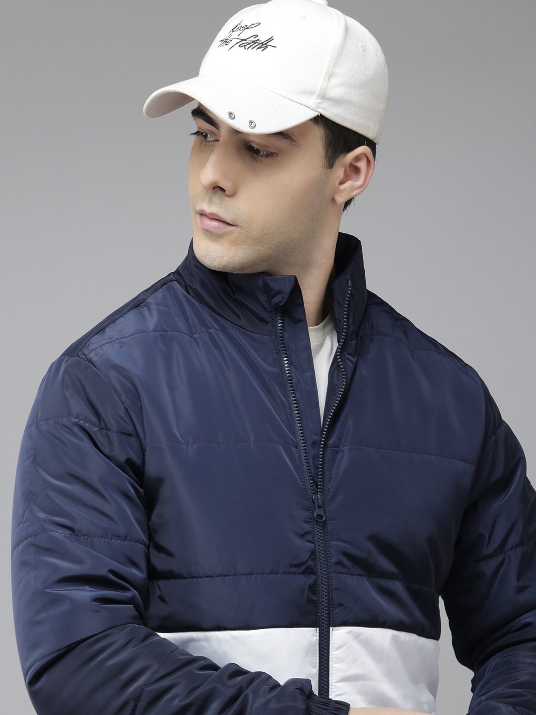 U S Polo Assn Men Navy Blue And White Colourblocked Puffer Jacket