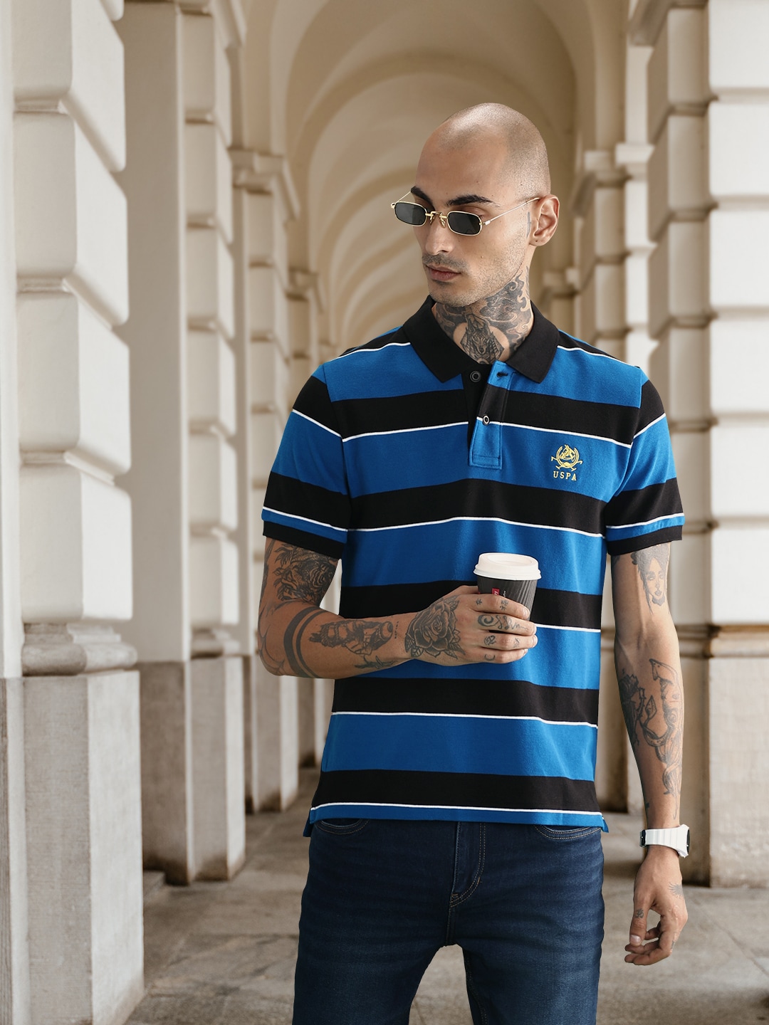 U.S. Polo Assn. Men Blue & Black Striped Polo Collar Pure Cotton T-shirt