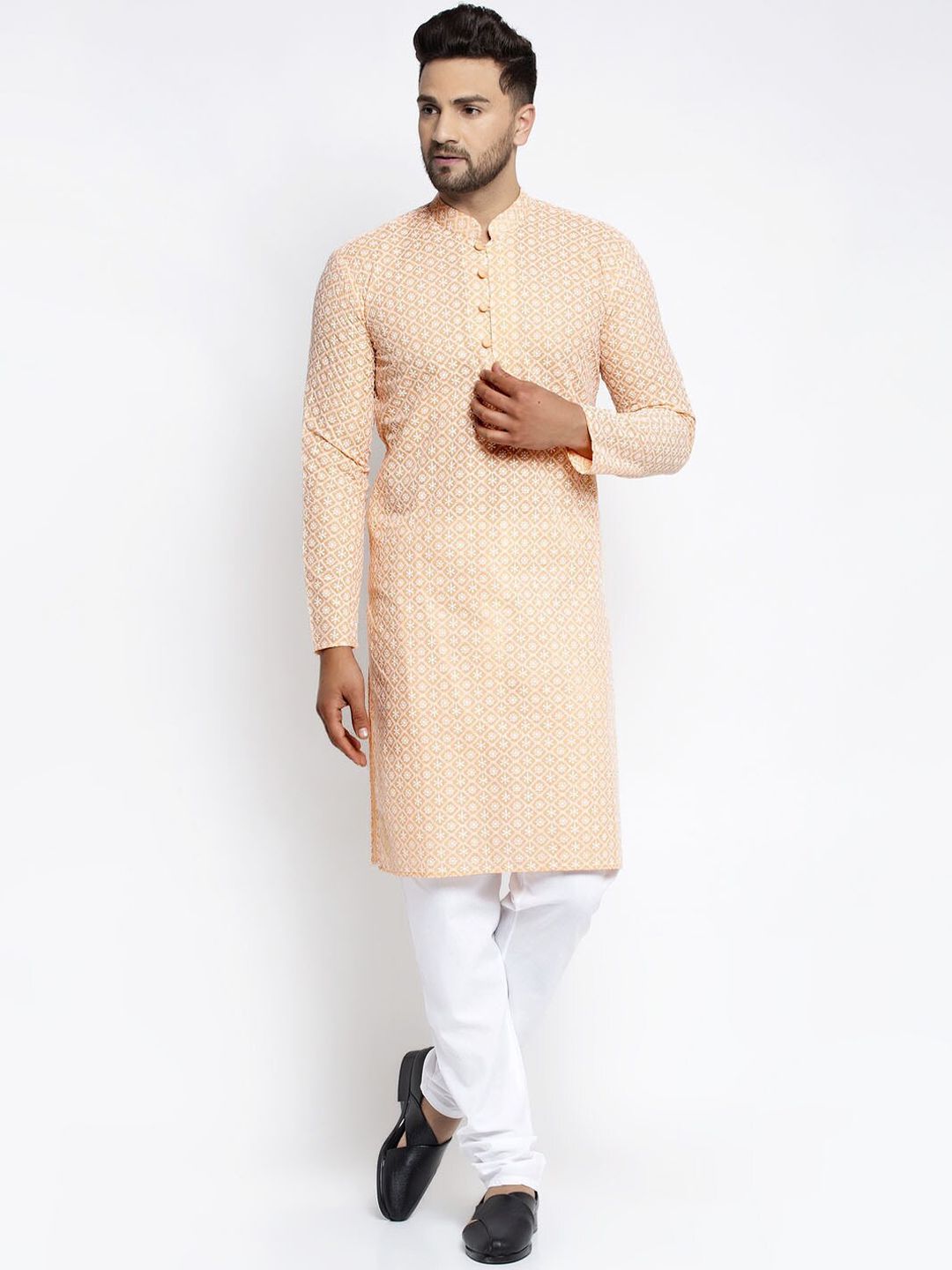 Jompers Men Orange Ethnic Motifs Embroidered Chikankari Pure Cotton Kurta with Pyjamas-picture-16