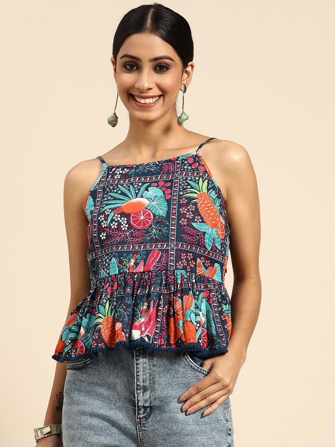 Floral Printed Sleeveless Peplum Pure Cotton Top