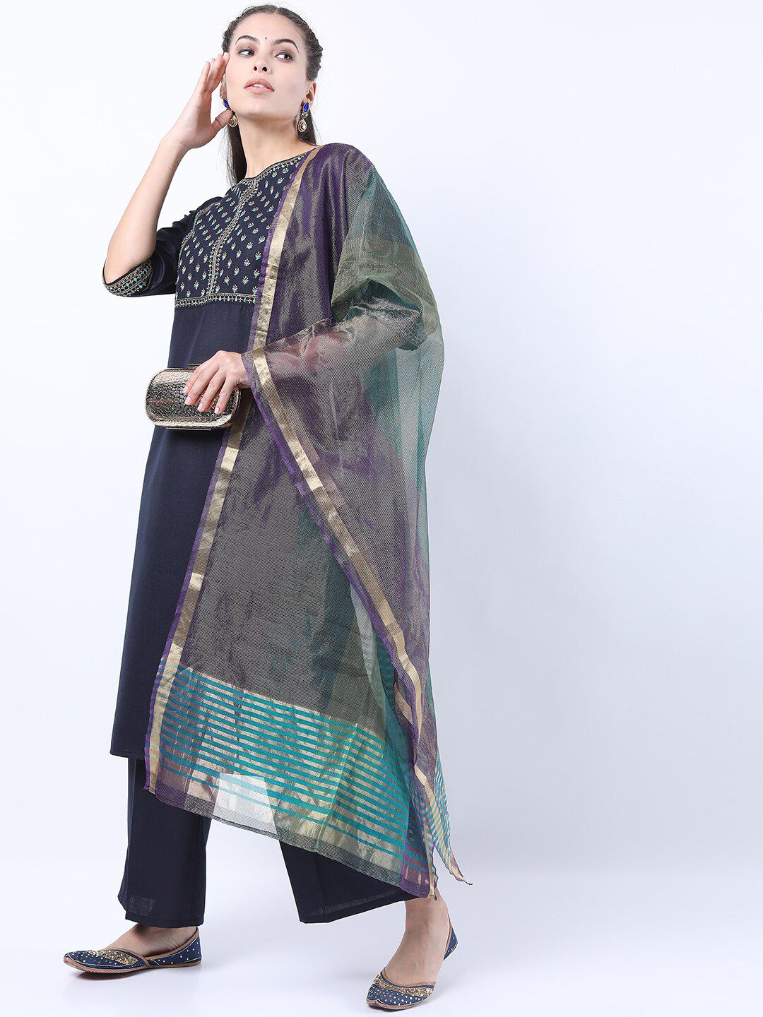 Women'S Blue & Pink Yoke Design Kurta With Palazzos