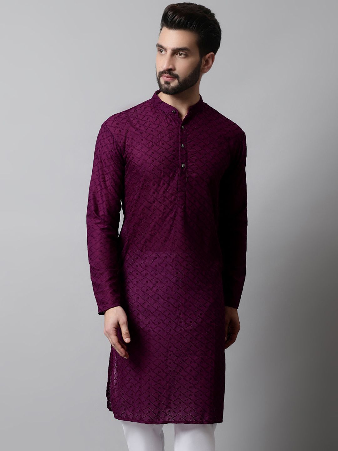 Jompers Men Purple Ethnic Motifs Embroidered Thread Work Pure Cotton Kurta-picture-13