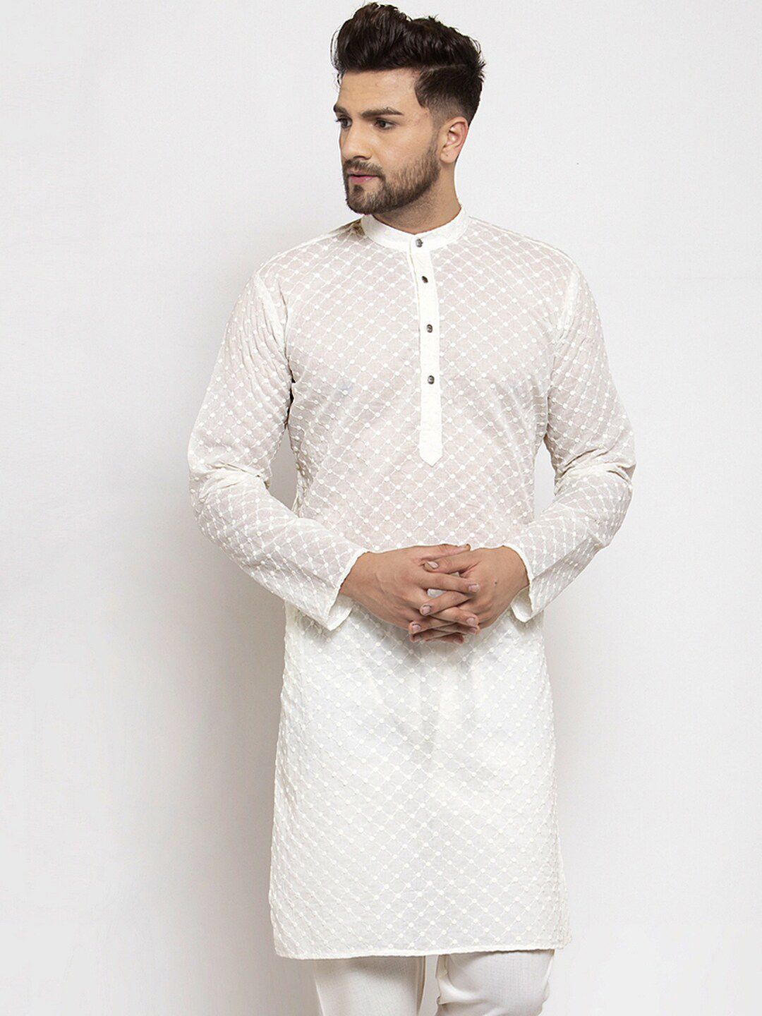 Jompers Men Cream-Coloured Chikankari Embroidered Kurta-picture-18