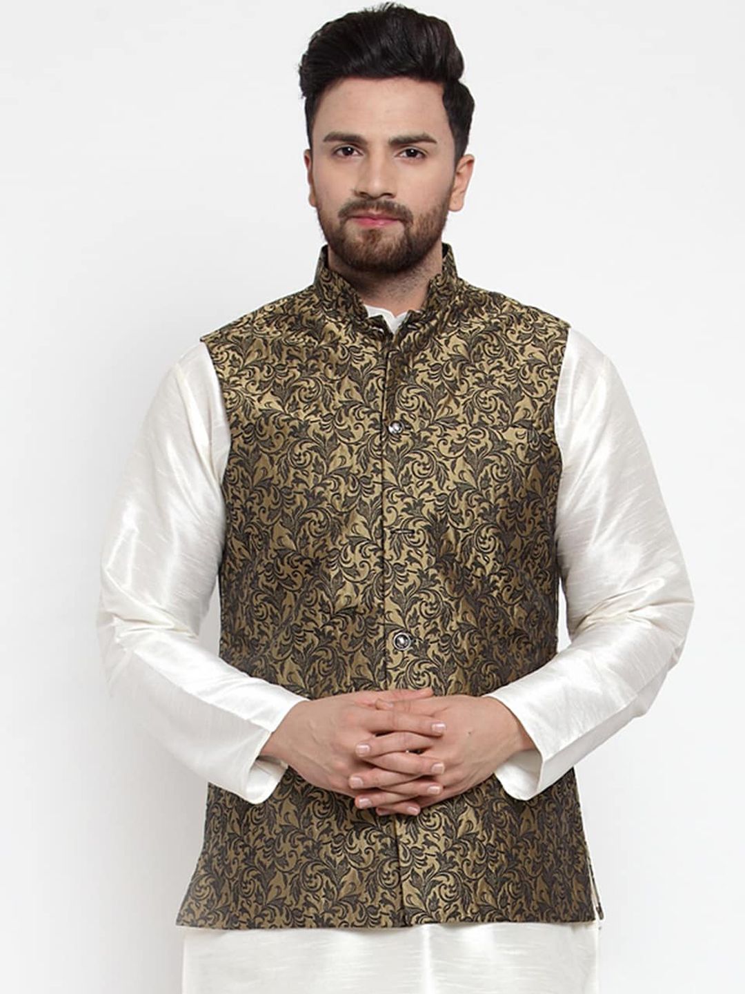 Jompers Men Golden -Colored Woven design Nehru Jackets-picture-54
