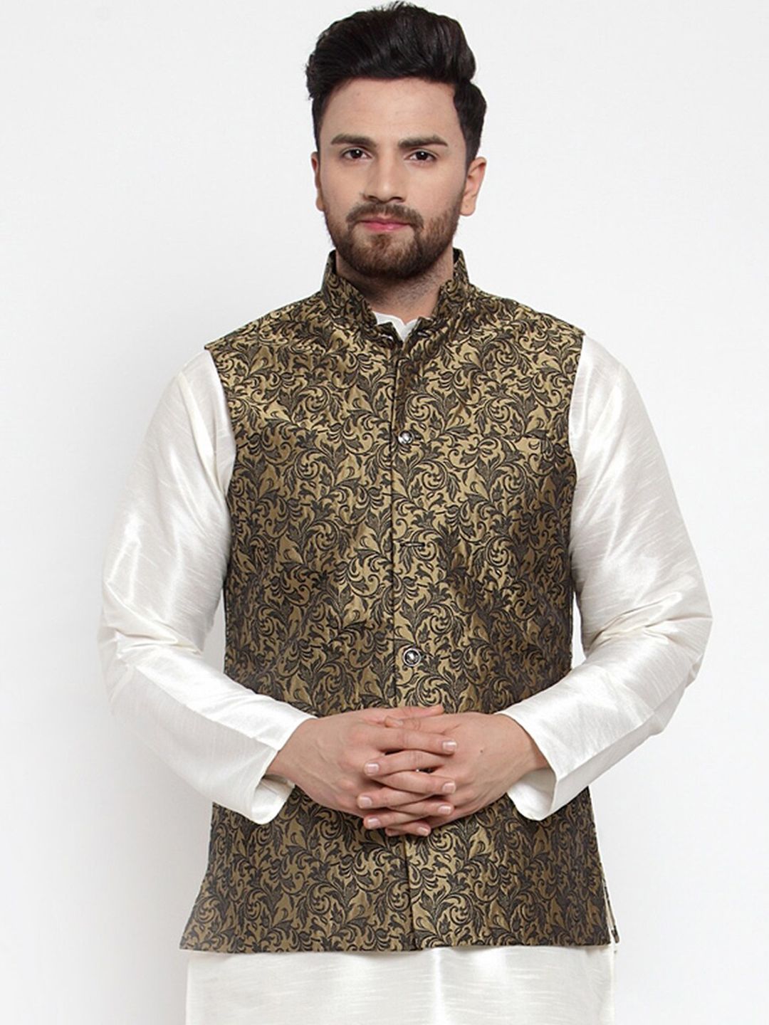 Jompers Men Gold & Black Woven Design Nehru Jacket-picture-11