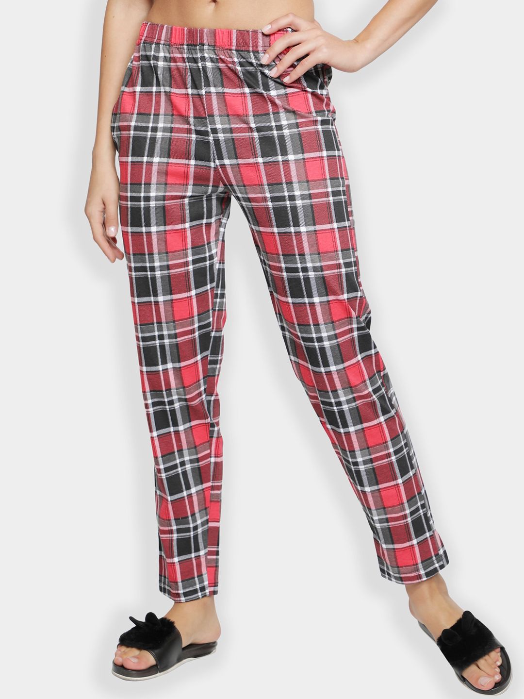 BStories Women Red & Black Checked Printed Cotton Lounge Pants-image-16