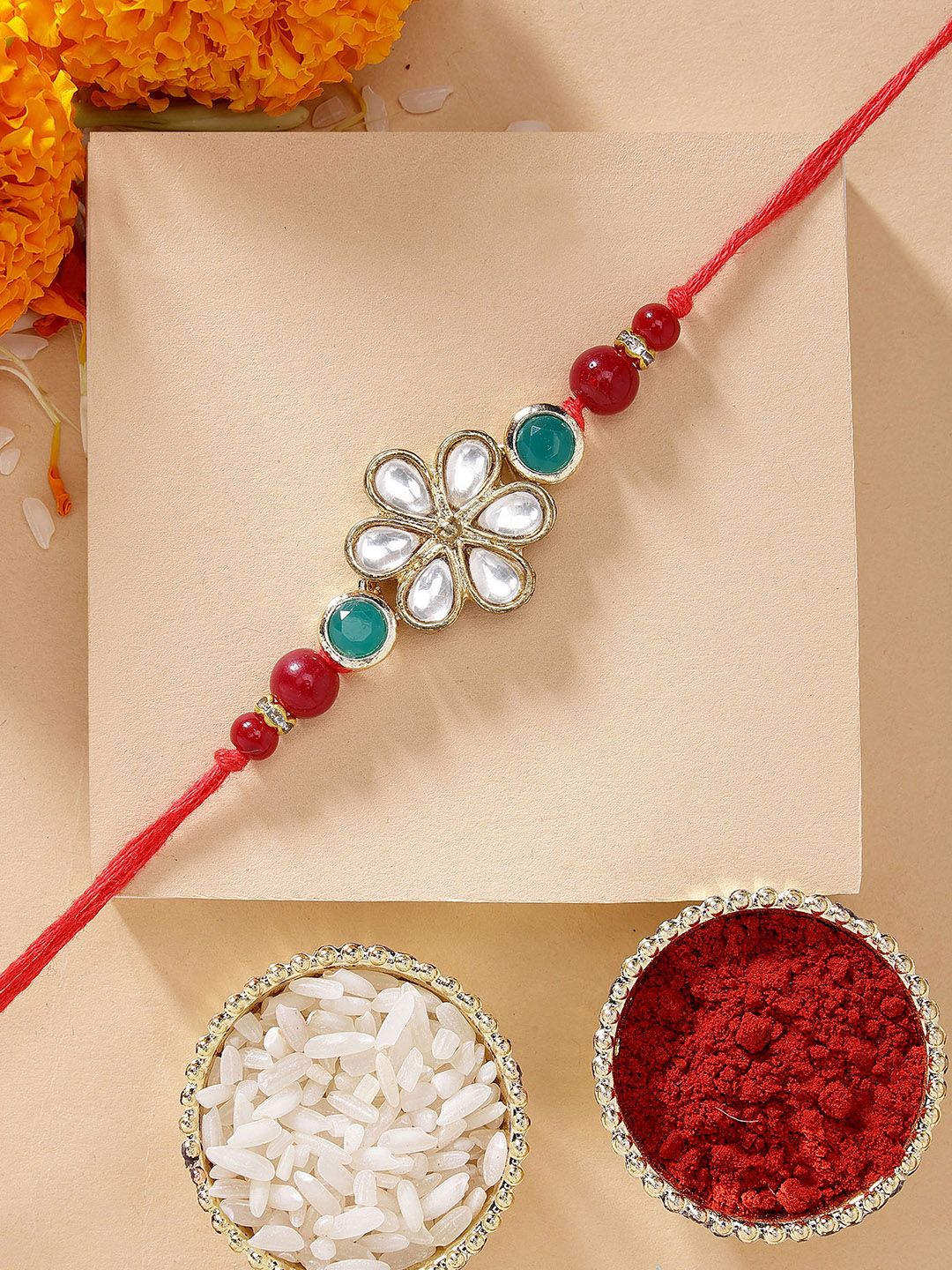 KARATCART Men Gold-Plated White & Green Kundan-Studded & Beaded Rakhi-picture-48