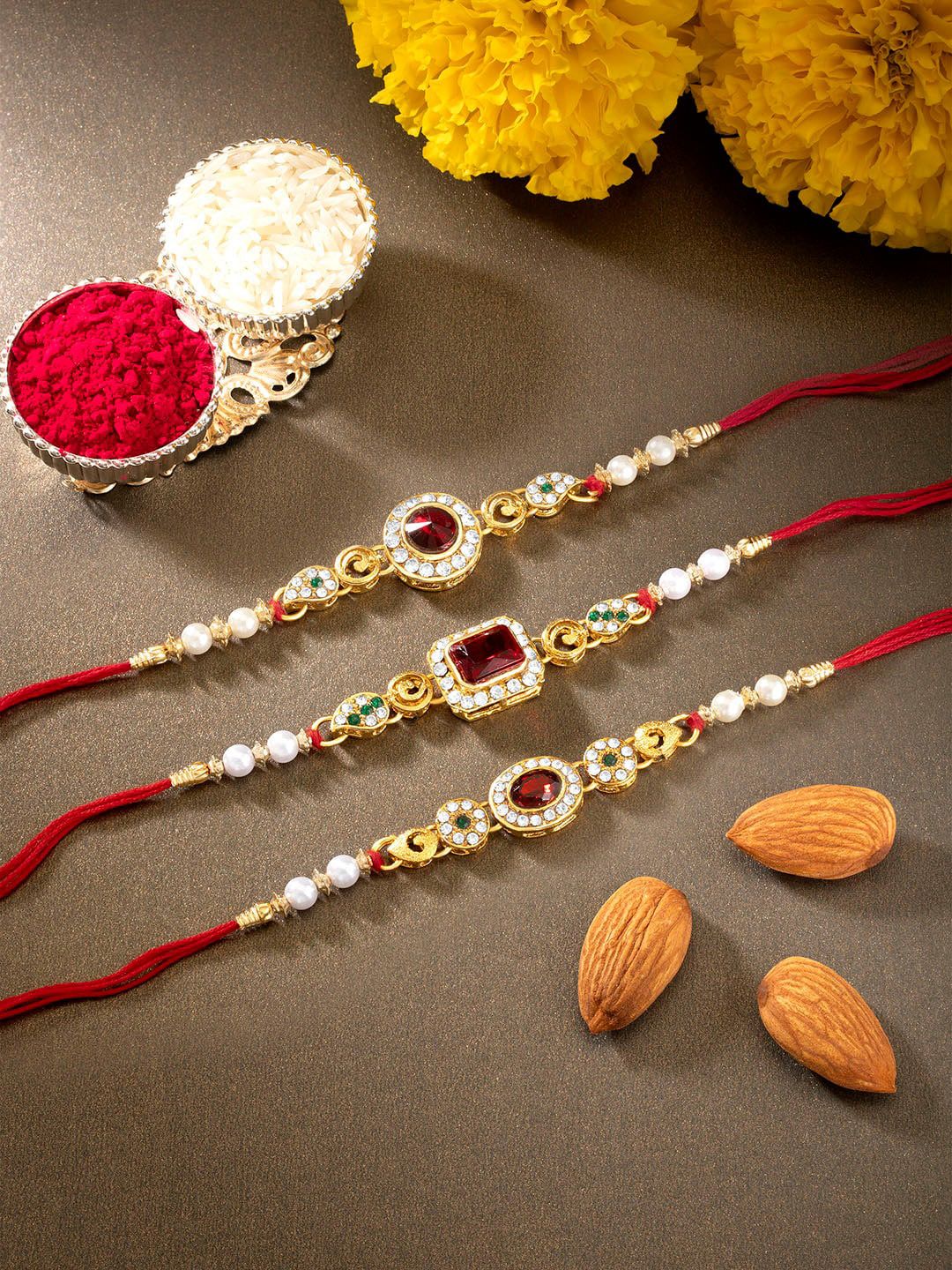 Peora Set of 3 Multicolored Kundan Beaded Rakhi with Roli Chawal Greeting Card-picture-41